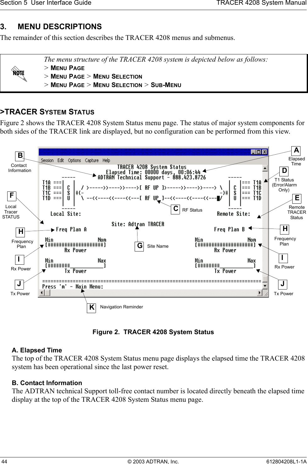 Section 5  User Interface Guide TRACER 4208 System Manual 44 © 2003 ADTRAN, Inc. 612804208L1-1A3. MENU DESCRIPTIONSThe remainder of this section describes the TRACER 4208 menus and submenus. &gt;TRACER SYSTEM STATUSFigure 2 shows the TRACER 4208 System Status menu page. The status of major system components for both sides of the TRACER link are displayed, but no configuration can be performed from this view.Figure 2.  TRACER 4208 System StatusA. Elapsed TimeThe top of the TRACER 4208 System Status menu page displays the elapsed time the TRACER 4208 system has been operational since the last power reset.B. Contact InformationThe ADTRAN technical Support toll-free contact number is located directly beneath the elapsed time display at the top of the TRACER 4208 System Status menu page.The menu structure of the TRACER 4208 system is depicted below as follows:&gt; MENU PAGE&gt; MENU PAGE &gt; MENU SELECTION&gt; MENU PAGE &gt; MENU SELECTION &gt; SUB-MENUAElapsedTimeBContactInformationFLocalHFrequencyIRx PowerCRF StatusGDT1 StatusERemoteHIRx PowerJTx PowerJTx PowerKNavigation Reminder(Error/AlarmOnly)TracerSTATUSPlanFrequencyPlanTRACERStatusSite Name