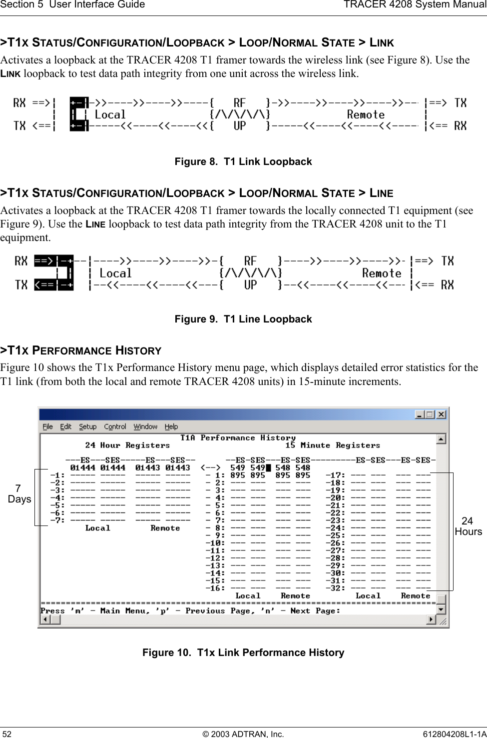Section 5  User Interface Guide TRACER 4208 System Manual 52 © 2003 ADTRAN, Inc. 612804208L1-1A&gt;T1X STATUS/CONFIGURATION/LOOPBACK &gt; LOOP/NORMAL STATE &gt; LINKActivates a loopback at the TRACER 4208 T1 framer towards the wireless link (see Figure 8). Use the LINK loopback to test data path integrity from one unit across the wireless link.Figure 8.  T1 Link Loopback&gt;T1X STATUS/CONFIGURATION/LOOPBACK &gt; LOOP/NORMAL STATE &gt; LINEActivates a loopback at the TRACER 4208 T1 framer towards the locally connected T1 equipment (see Figure 9). Use the LINE loopback to test data path integrity from the TRACER 4208 unit to the T1 equipment.Figure 9.  T1 Line Loopback&gt;T1X PERFORMANCE HISTORYFigure 10 shows the T1x Performance History menu page, which displays detailed error statistics for the T1 link (from both the local and remote TRACER 4208 units) in 15-minute increments. Figure 10.  T1x Link Performance History24 Hours7 Days