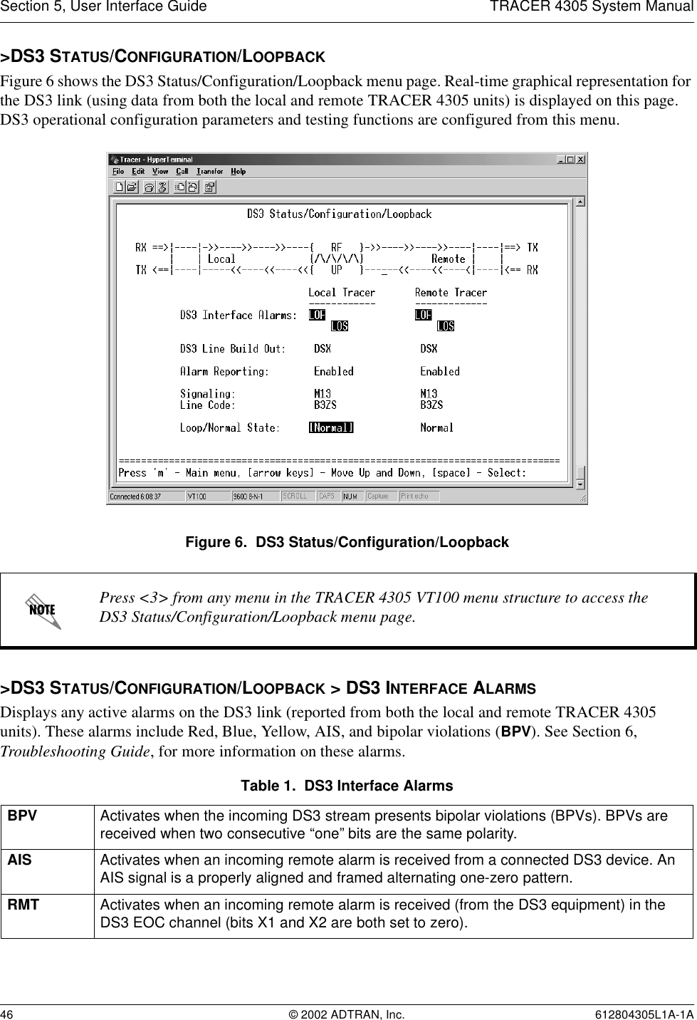Section 5, User Interface Guide TRACER 4305 System Manual46 © 2002 ADTRAN, Inc. 612804305L1A-1A&gt;DS3 STATUS/CONFIGURATION/LOOPBACKFigure 6 shows the DS3 Status/Configuration/Loopback menu page. Real-time graphical representation for the DS3 link (using data from both the local and remote TRACER 4305 units) is displayed on this page. DS3 operational configuration parameters and testing functions are configured from this menu.Figure 6.  DS3 Status/Configuration/Loopback&gt;DS3 STATUS/CONFIGURATION/LOOPBACK &gt; DS3 INTERFACE ALARMSDisplays any active alarms on the DS3 link (reported from both the local and remote TRACER 4305 units). These alarms include Red, Blue, Yellow, AIS, and bipolar violations (BPV). See Section 6, Troubleshooting Guide, for more information on these alarms.Press &lt;3&gt; from any menu in the TRACER 4305 VT100 menu structure to access the DS3 Status/Configuration/Loopback menu page.Table 1.  DS3 Interface AlarmsBPV Activates when the incoming DS3 stream presents bipolar violations (BPVs). BPVs are received when two consecutive “one” bits are the same polarity.AIS Activates when an incoming remote alarm is received from a connected DS3 device. An AIS signal is a properly aligned and framed alternating one-zero pattern.RMT Activates when an incoming remote alarm is received (from the DS3 equipment) in the DS3 EOC channel (bits X1 and X2 are both set to zero).