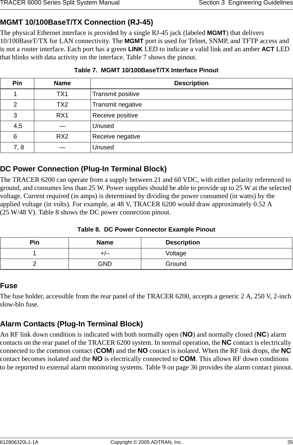 TRACER 6000 Series Split System Manual Section 3  Engineering Guidelines612806320L1-1A Copyright © 2005 ADTRAN, Inc. 35MGMT 10/100BaseT/TX Connection (RJ-45)The physical Ethernet interface is provided by a single RJ-45 jack (labeled MGMT) that delivers 10/100BaseT/TX for LAN connectivity. The MGMT port is used for Telnet, SNMP, and TFTP access and is not a router interface. Each port has a green LINK LED to indicate a valid link and an amber ACT LED that blinks with data activity on the interface. Table 7 shows the pinout.DC Power Connection (Plug-In Terminal Block)The TRACER 6200 can operate from a supply between 21 and 60 VDC, with either polarity referenced to ground, and consumes less than 25 W. Power supplies should be able to provide up to 25 W at the selected voltage. Current required (in amps) is determined by dividing the power consumed (in watts) by the applied voltage (in volts). For example, at 48 V, TRACER 6200 would draw approximately 0.52 A (25 W/48 V). Table 8 shows the DC power connection pinout.FuseThe fuse holder, accessible from the rear panel of the TRACER 6200, accepts a generic 2 A, 250 V, 2-inch slow-blo fuse.Alarm Contacts (Plug-In Terminal Block)An RF link down condition is indicated with both normally open (NO) and normally closed (NC) alarm contacts on the rear panel of the TRACER 6200 system. In normal operation, the NC contact is electrically connected to the common contact (COM) and the NO contact is isolated. When the RF link drops, the NC contact becomes isolated and the NO is electrically connected to COM. This allows RF down conditions to be reported to external alarm monitoring systems. Table 9 on page 36 provides the alarm contact pinout.Table 7.  MGMT 10/100BaseT/TX Interface Pinout Pin Name Description1TX1 Transmit positive2TX2 Transmit negative3RX1 Receive positive4,5 —Unused6RX2 Receive negative7, 8 —UnusedTable 8.  DC Power Connector Example Pinout Pin Name Description1+/– Voltage2GND Ground