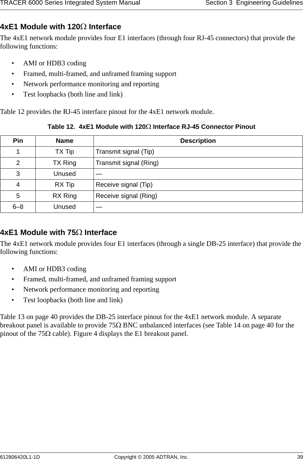 TRACER 6000 Series Integrated System Manual Section 3  Engineering Guidelines612806420L1-1D Copyright © 2005 ADTRAN, Inc. 394xE1 Module with 120Ω InterfaceThe 4xE1 network module provides four E1 interfaces (through four RJ-45 connectors) that provide the following functions:• AMI or HDB3 coding• Framed, multi-framed, and unframed framing support• Network performance monitoring and reporting• Test loopbacks (both line and link)Table 12 provides the RJ-45 interface pinout for the 4xE1 network module. 4xE1 Module with 75Ω InterfaceThe 4xE1 network module provides four E1 interfaces (through a single DB-25 interface) that provide the following functions:• AMI or HDB3 coding• Framed, multi-framed, and unframed framing support• Network performance monitoring and reporting• Test loopbacks (both line and link)Table 13 on page 40 provides the DB-25 interface pinout for the 4xE1 network module. A separate breakout panel is available to provide 75Ω BNC unbalanced interfaces (see Table 14 on page 40 for the pinout of the 75Ω cable). Figure 4 displays the E1 breakout panel.Table 12.  4xE1 Module with 120Ω Interface RJ-45 Connector Pinout Pin Name Description1 TX Tip Transmit signal (Tip)2 TX Ring Transmit signal (Ring)3Unused—4 RX Tip Receive signal (Tip)5 RX Ring Receive signal (Ring)6–8 Unused —