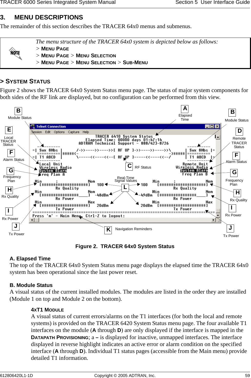 TRACER 6000 Series Integrated System Manual Section 5  User Interface Guide612806420L1-1D Copyright © 2005 ADTRAN, Inc. 593. MENU DESCRIPTIONSThe remainder of this section describes the TRACER 64x0 menus and submenus. &gt; SYSTEM STATUSFigure 2 shows the TRACER 64x0 System Status menu page. The status of major system components for both sides of the RF link are displayed, but no configuration can be performed from this view.Figure 2.  TRACER 64x0 System StatusA. Elapsed TimeThe top of the TRACER 64x0 System Status menu page displays the elapsed time the TRACER 64x0 system has been operational since the last power reset.B. Module StatusA visual status of the current installed modules. The modules are listed in the order they are installed (Module 1 on top and Module 2 on the bottom).The menu structure of the TRACER 64x0 system is depicted below as follows: &gt; MENU PAGE &gt; MENU PAGE &gt; MENU SELECTION &gt; MENU PAGE &gt; MENU SELECTION &gt; SUB-MENU4XT1 MODULE A visual status of current errors/alarms on the T1 interfaces (for both the local and remote systems) is provided on the TRACER 6420 System Status menu page. The four available T1 interfaces on the module (A through D) are only displayed if the interface is mapped in the DATAPATH PROVISIONING; a – is displayed for inactive, unmapped interfaces. The interface displayed in reverse highlight indicates an active error or alarm condition on the specified interface (A through D). Individual T1 status pages (accessible from the Main menu) provide detailed T1 information.AElapsedTimeEGCRF StatusDRemoteGIRx PowerJTx PowerJTx Power KNavigation RemindersTRACERPlan FrequencyPlanStatusHModule StatusBLocalFrequencyIRx PowerModule StatusStatus TRACERRx QualityRx QualityBLReal-TimeSignal ValuesFAlarm Status FAlarm StatusH