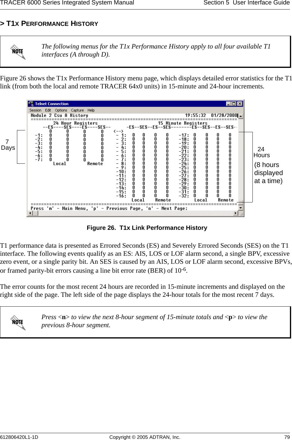 TRACER 6000 Series Integrated System Manual Section 5  User Interface Guide612806420L1-1D Copyright © 2005 ADTRAN, Inc. 79&gt; T1X PERFORMANCE HISTORYFigure 26 shows the T1x Performance History menu page, which displays detailed error statistics for the T1 link (from both the local and remote TRACER 64x0 units) in 15-minute and 24-hour increments.Figure 26.  T1x Link Performance HistoryT1 performance data is presented as Errored Seconds (ES) and Severely Errored Seconds (SES) on the T1 interface. The following events qualify as an ES: AIS, LOS or LOF alarm second, a single BPV, excessive zero event, or a single parity bit. An SES is caused by an AIS, LOS or LOF alarm second, excessive BPVs, or framed parity-bit errors causing a line bit error rate (BER) of 10-6.The error counts for the most recent 24 hours are recorded in 15-minute increments and displayed on the right side of the page. The left side of the page displays the 24-hour totals for the most recent 7 days.The following menus for the T1x Performance History apply to all four available T1 interfaces (A through D).Press &lt;n&gt; to view the next 8-hour segment of 15-minute totals and &lt;p&gt; to view the previous 8-hour segment.24 Hours7 Days(8 hours displayed at a time)