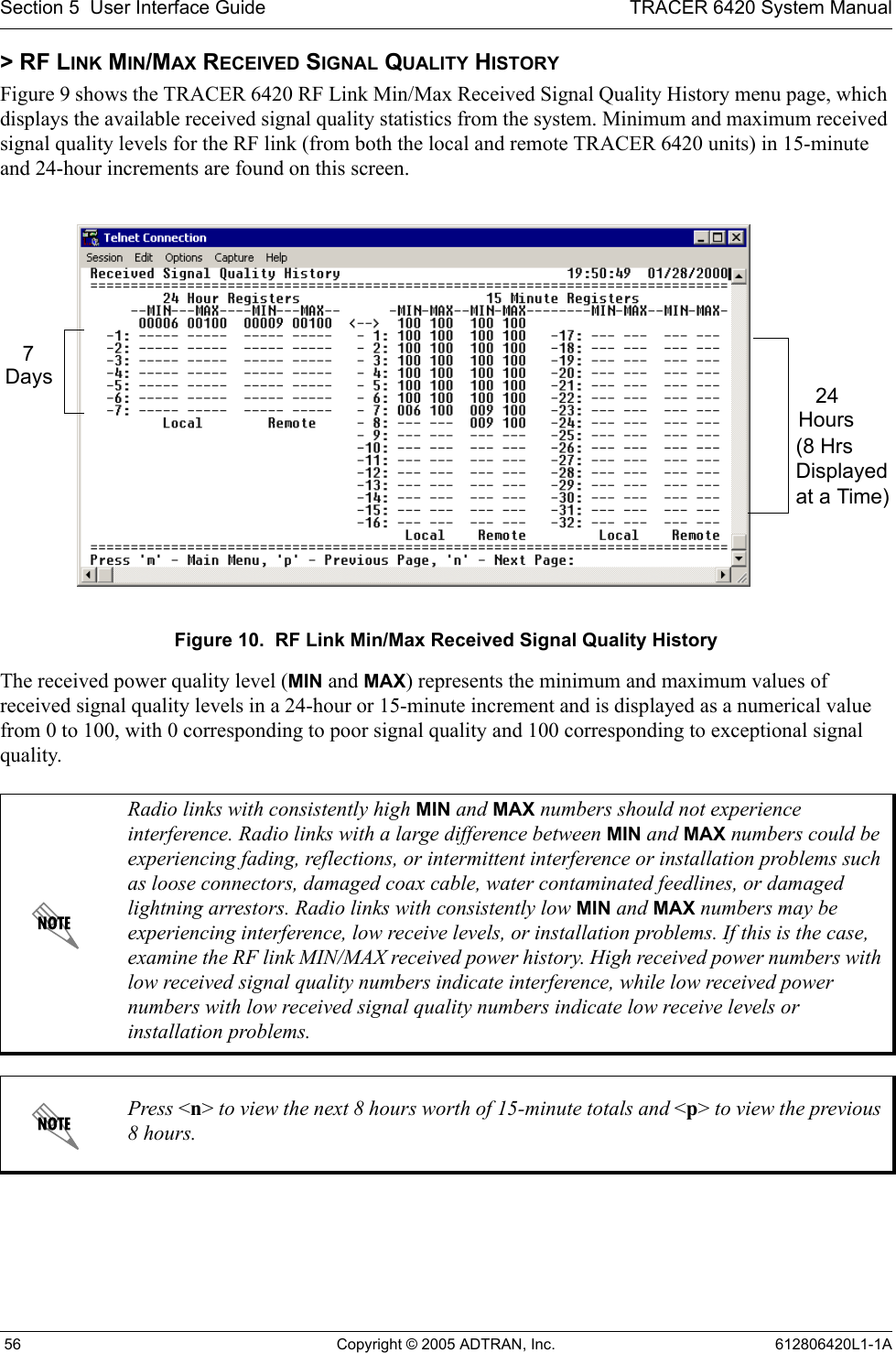 Section 5  User Interface Guide TRACER 6420 System Manual 56 Copyright © 2005 ADTRAN, Inc. 612806420L1-1A&gt; RF LINK MIN/MAX RECEIVED SIGNAL QUALITY HISTORYFigure 9 shows the TRACER 6420 RF Link Min/Max Received Signal Quality History menu page, which displays the available received signal quality statistics from the system. Minimum and maximum received signal quality levels for the RF link (from both the local and remote TRACER 6420 units) in 15-minute and 24-hour increments are found on this screen. Figure 10.  RF Link Min/Max Received Signal Quality HistoryThe received power quality level (MIN and MAX) represents the minimum and maximum values of received signal quality levels in a 24-hour or 15-minute increment and is displayed as a numerical value from 0 to 100, with 0 corresponding to poor signal quality and 100 corresponding to exceptional signal quality.Radio links with consistently high MIN and MAX numbers should not experience interference. Radio links with a large difference between MIN and MAX numbers could be experiencing fading, reflections, or intermittent interference or installation problems such as loose connectors, damaged coax cable, water contaminated feedlines, or damaged lightning arrestors. Radio links with consistently low MIN and MAX numbers may be experiencing interference, low receive levels, or installation problems. If this is the case, examine the RF link MIN/MAX received power history. High received power numbers with low received signal quality numbers indicate interference, while low received power numbers with low received signal quality numbers indicate low receive levels or installation problems.Press &lt;n&gt; to view the next 8 hours worth of 15-minute totals and &lt;p&gt; to view the previous 8 hours.7Days 24Hours(8 Hrs Displayed at a Time)