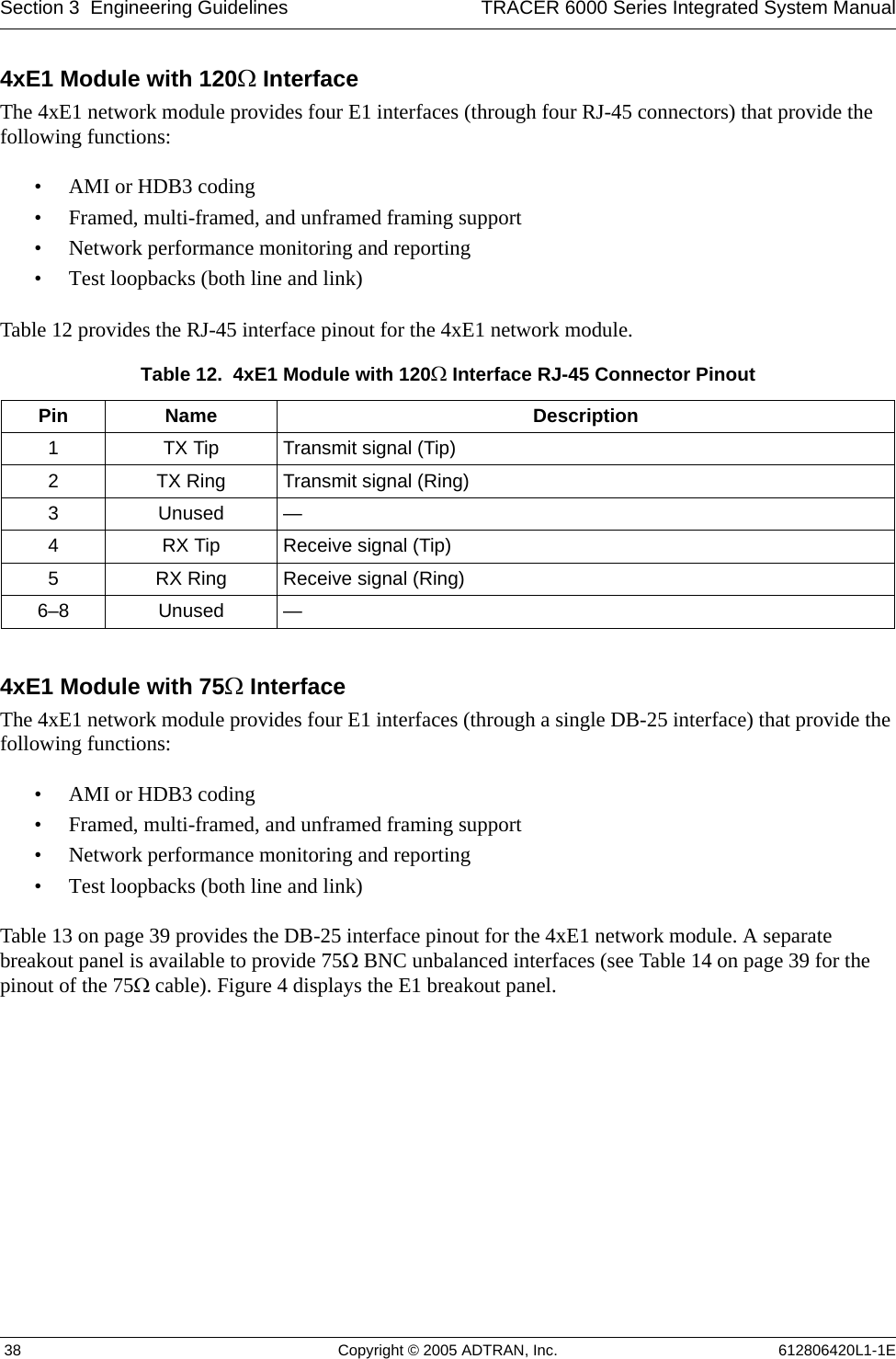 Section 3  Engineering Guidelines TRACER 6000 Series Integrated System Manual 38 Copyright © 2005 ADTRAN, Inc. 612806420L1-1E4xE1 Module with 120Ω InterfaceThe 4xE1 network module provides four E1 interfaces (through four RJ-45 connectors) that provide the following functions:• AMI or HDB3 coding• Framed, multi-framed, and unframed framing support• Network performance monitoring and reporting• Test loopbacks (both line and link)Table 12 provides the RJ-45 interface pinout for the 4xE1 network module. 4xE1 Module with 75Ω InterfaceThe 4xE1 network module provides four E1 interfaces (through a single DB-25 interface) that provide the following functions:• AMI or HDB3 coding• Framed, multi-framed, and unframed framing support• Network performance monitoring and reporting• Test loopbacks (both line and link)Table 13 on page 39 provides the DB-25 interface pinout for the 4xE1 network module. A separate breakout panel is available to provide 75Ω BNC unbalanced interfaces (see Table 14 on page 39 for the pinout of the 75Ω cable). Figure 4 displays the E1 breakout panel.Table 12.  4xE1 Module with 120Ω Interface RJ-45 Connector Pinout Pin Name Description1 TX Tip Transmit signal (Tip)2 TX Ring Transmit signal (Ring)3Unused—4 RX Tip Receive signal (Tip)5 RX Ring Receive signal (Ring)6–8 Unused —