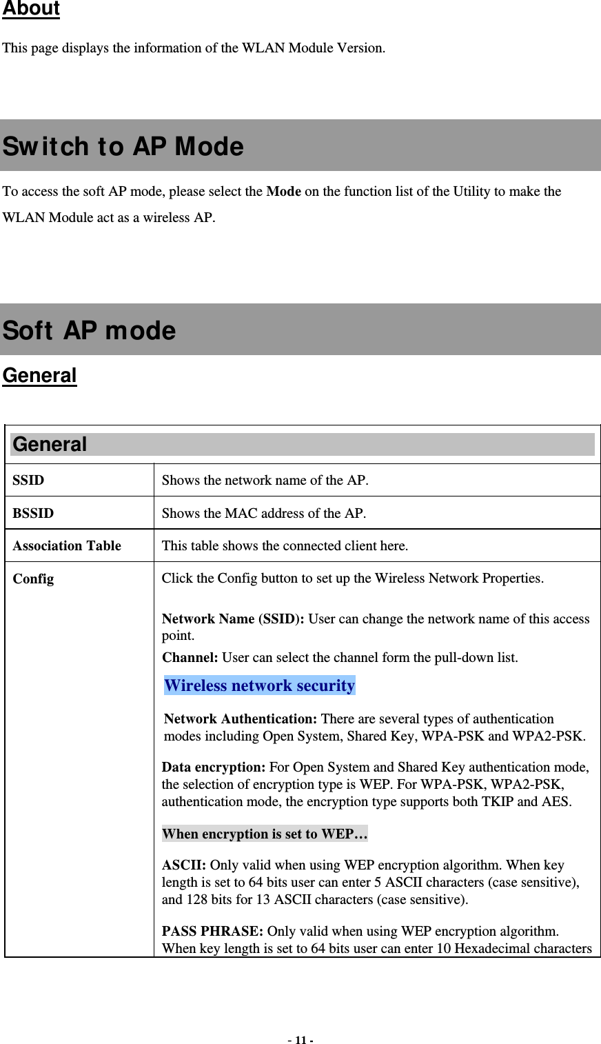  - 11 -  About This page displays the information of the WLAN Module Version.   Sw itch to AP Mode To access the soft AP mode, please select the Mode on the function list of the Utility to make the WLAN Module act as a wireless AP.   Soft AP mode General  General SSID   Shows the network name of the AP. BSSID  Shows the MAC address of the AP. Association Table  This table shows the connected client here. Config  Click the Config button to set up the Wireless Network Properties.  Network Name (SSID): User can change the network name of this access point. Channel: User can select the channel form the pull-down list. Wireless network security Network Authentication: There are several types of authentication modes including Open System, Shared Key, WPA-PSK and WPA2-PSK. Data encryption: For Open System and Shared Key authentication mode, the selection of encryption type is WEP. For WPA-PSK, WPA2-PSK, authentication mode, the encryption type supports both TKIP and AES. When encryption is set to WEP… ASCII: Only valid when using WEP encryption algorithm. When key length is set to 64 bits user can enter 5 ASCII characters (case sensitive), and 128 bits for 13 ASCII characters (case sensitive). PASS PHRASE: Only valid when using WEP encryption algorithm. When key length is set to 64 bits user can enter 10 Hexadecimal characters