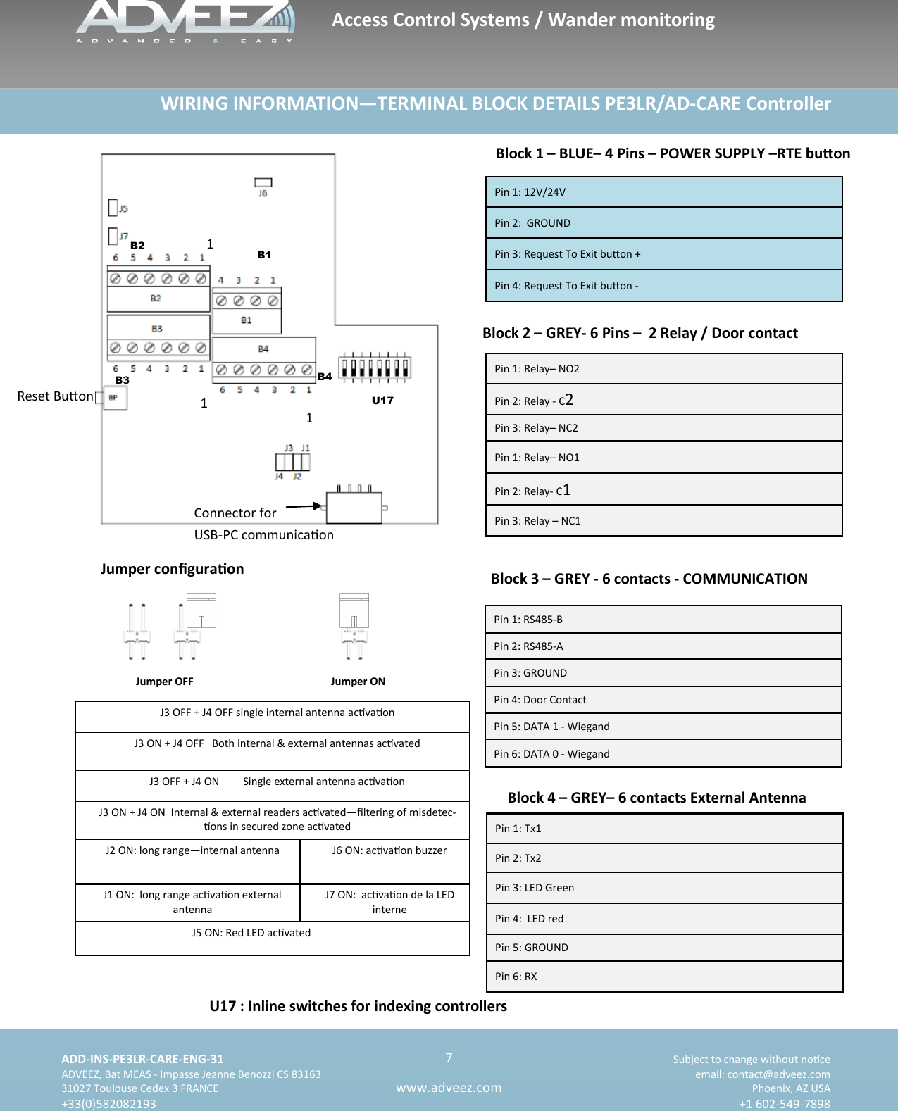    ADD-INS-PE3LR-CARE-ENG-31 Subject to change without noce   ADVEEZ, Bat MEAS - Impasse Jeanne Benozzi CS 83163  email: contact@adveez.com  31027 Toulouse Cedex 3 FRANCE Phoenix, AZ USA  +33(0)582082193 +1 602-549-7898      7 www.adveez.com   Block 1 – BLUE– 4 Pins – POWER SUPPLY –RTE buon Pin 1: Tx1  Pin 2: Tx2 Pin 3: LED Green Pin 4:  LED red Pin 5: GROUND Pin 6: RX Block 2 – GREY- 6 Pins –  2 Relay / Door contact Pin 1: RS485-B  Pin 2: RS485-A  Pin 3: GROUND  Pin 4: Door Contact Pin 5: DATA 1 - Wiegand  Pin 6: DATA 0 - Wiegand  Block 3 – GREY - 6 contacts - COMMUNICATION Pin 1: Relay– NO2 Pin 2: Relay - C2 Pin 3: Relay– NC2 Pin 1: Relay– NO1 Pin 2: Relay- C1 Pin 3: Relay – NC1 Block 4 – GREY– 6 contacts External Antenna Pin 1: 12V/24V  Pin 2:  GROUND Pin 3: Request To Exit buon +  Pin 4: Request To Exit buon -  Jumper conguraon U17 : Inline switches for indexing controllers  J3 OFF + J4 OFF single internal antenna acvaon  J3 ON + J4 OFF   Both internal &amp; external antennas acvated J3 OFF + J4 ON         Single external antenna acvaon J3 ON + J4 ON  Internal &amp; external readers acvated—ltering of misdetec-ons in secured zone acvated J2 ON: long range—internal antenna   J6 ON: acvaon buzzer J1 ON:  long range acvaon external antenna  J7 ON:  acvaon de la LED interne J5 ON: Red LED acvated                  WIRING INFORMATION—TERMINAL BLOCK DETAILS PE3LR/AD-CARE Controller Jumper OFF Jumper ON 1 1 1 B3 B4 B2 B1 U17 Reset Buon    Connector for USB-PC communicaon Access Control Systems / Wander monitoring 