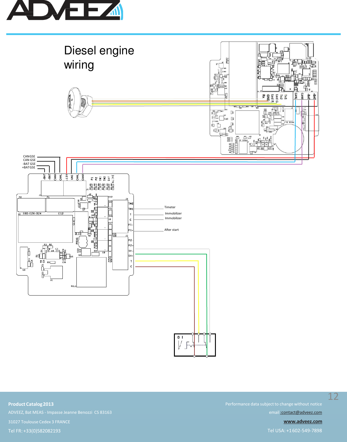 Diesel enginewiringTimeterImmobilizerImmobilizerAfter startCANGSE  CAN GSE-BAT GSE+BATGSEProduct Catalog2013ADVEEZ, Bat MEAS - Impasse Jeanne Benozzi  CS 8316331027 Toulouse Cedex 3 FRANCETel FR: +33(0)582082193Performance data subject to change without noticeemail :contact@adveez.comwww.adveez.comTel USA: +1602-549-789812