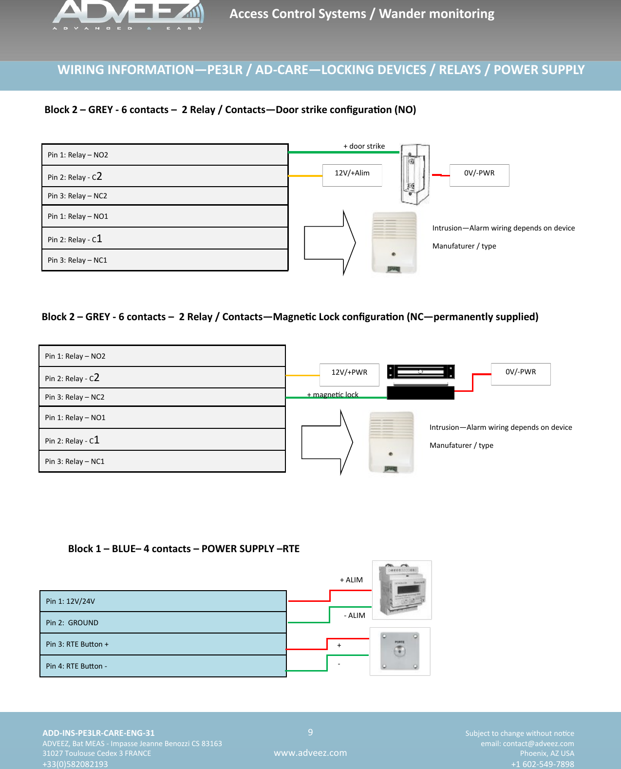    ADD-INS-PE3LR-CARE-ENG-31 Subject to change without noce   ADVEEZ, Bat MEAS - Impasse Jeanne Benozzi CS 83163  email: contact@adveez.com  31027 Toulouse Cedex 3 FRANCE Phoenix, AZ USA  +33(0)582082193 +1 602-549-7898      9 www.adveez.com   WIRING INFORMATION—PE3LR / AD-CARE—LOCKING DEVICES / RELAYS / POWER SUPPLY Pin 1: Relay – NO2 Pin 2: Relay - C2 Pin 3: Relay – NC2 Pin 1: Relay – NO1 Pin 2: Relay - C1 Pin 3: Relay – NC1 0V/-PWR Block 2 – GREY - 6 contacts –  2 Relay / Contacts—Door strike conguraon (NO) 12V/+Alim Intrusion—Alarm wiring depends on device Manufaturer / type + door strike Pin 1: Relay – NO2 Pin 2: Relay - C2 Pin 3: Relay – NC2 Pin 1: Relay – NO1 Pin 2: Relay - C1 Pin 3: Relay – NC1 0V/-PWR Block 2 – GREY - 6 contacts –  2 Relay / Contacts—Magnec Lock conguraon (NC—permanently supplied) 12V/+PWR Intrusion—Alarm wiring depends on device Manufaturer / type + magnec lock Pin 1: 12V/24V  Pin 2:  GROUND  Pin 3: RTE Buon +  Pin 4: RTE Buon -  + ALIM - ALIM +  - Block 1 – BLUE– 4 contacts – POWER SUPPLY –RTE Access Control Systems / Wander monitoring 