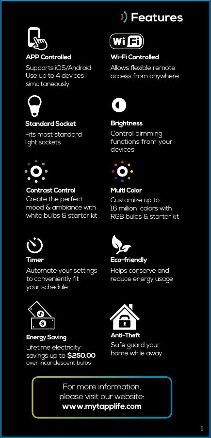 APP ControlledSupports iOS/AndroidUse up to 4 devices simultaneouslyMulti ColorCustomize up to 16 million  colors with RGB bulbs &amp; starter kitTimerAutomate your settings to conveniently fit your scheduleBrightnessControl dimming functions from your devicesStandard SocketFits most standard light socketsWi-Fi ControlledAllows flexible remote access from anywhereContrast ControlCreate the perfect mood &amp; ambiance with white bulbs &amp; starter kitEco-friendlyHelps conserve and reduce energy usageAnti-TheftSafe guard your home while awayEnergy SavingLifetime electricity savings up to $250.00 over incandescent bulbs     Features For more information,please visit our website:www.mytapplife.com 1