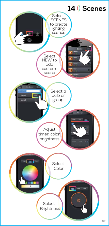 1214      ScenesSelect SCENESto createlighting scenesSelectNEW to add custom sceneAdjusttimer, color,brightnessSelect  Color Select  BrightnessSelect a bulb or group.