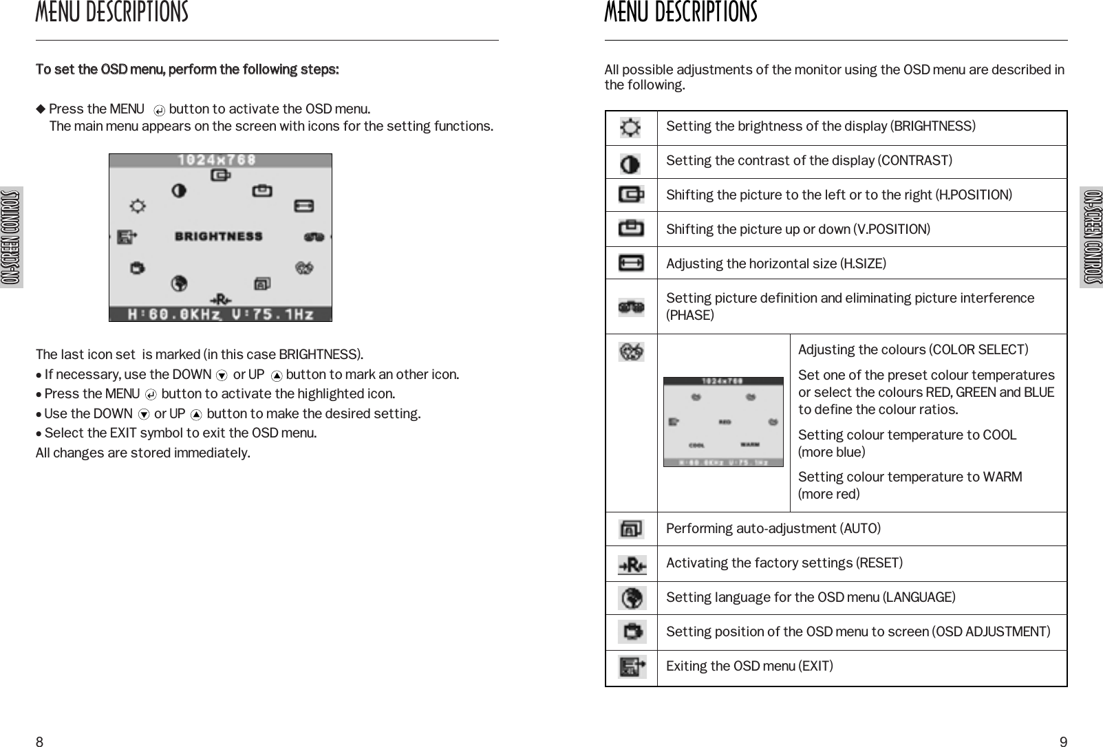 ON-SCREEN CONTROLSON-SCREEN CONTROLSMENU DESCRIPTIONS9MENU DESCRIPTIONS8Press the MENU        button to activate the OSD menu.The main menu appears on the screen with icons for the setting functions.The last icon set  is marked (in this case BRIGHTNESS). • If necessary, use the DOWN       or UP       button to mark an other icon.• Press the MENU       button to activate the highlighted icon.• Use the DOWN       or UP       button to make the desired setting.• Select the EXIT symbol to exit the OSD menu.All changes are stored immediately.TToo  sseett  tthhee  OOSSDD  mmeennuu,,  ppeerrffoorrmm  tthhee  ffoolllloowwiinngg  sstteeppss::ON-SCREEN CONTROLSON-SCREEN CONTROLSSetting the brightness of the display (BRIGHTNESS)Setting the contrast of the display (CONTRAST)Shifting the picture to the left or to the right (H.POSITION)Shifting the picture up or down (V.POSITION)Adjusting the horizontal size (H.SIZE)Setting picture definition and eliminating picture interference(PHASE)Adjusting the colours (COLOR SELECT)Set one of the preset colour temperaturesor select the colours RED, GREEN and BLUEto define the colour ratios.Setting colour temperature to COOL (more blue)Setting colour temperature to WARM(more red)Performing auto-adjustment (AUTO)Activating the factory settings (RESET)Setting language for the OSD menu (LANGUAGE)Setting position of the OSD menu to screen (OSD ADJUSTMENT)Exiting the OSD menu (EXIT)All possible adjustments of the monitor using the OSD menu are described inthe following.