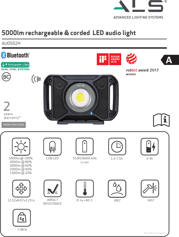 5000lm @ 100%4000lm @ 80%3000lm @ 60%2000lm @ 40%1000lm @ 20%5000lm rechargeable &amp; corded  LED audio light  AUD502HIMPACTRESISTANCE0o  to +40o  CIP6712.52x8.07x3.23 in7.48 lbIK07COB LEDWork light speciﬁcations1.5-7.5h10.8V/6000 mAhLi-ion3-4h