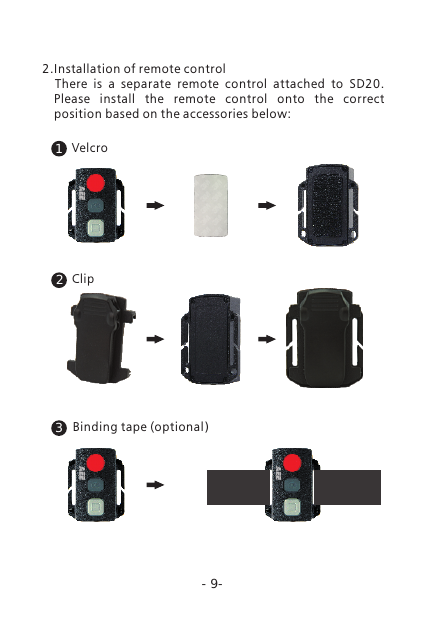 -9-1232.Installation of remote control    There  is  a  separate  remote  control  attached  to  SD20. Please  install  the  remote  control  onto  the  correct position based on the accessories below:Binding tape (optional)ClipVelcro