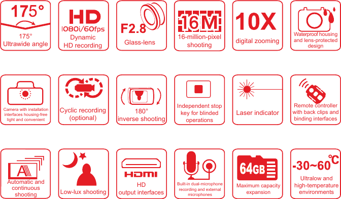 175&deg;Ultrawide angleDynamicHD recordingWaterproof housing and lens-protected designdigital zoomingLaser indicatorRemote controller with back clips and binding interfacesUltralow and high-temperature environmentsMaximum capacity expansionHDoutput interfacesBuilt-in dual-microphone recording and external microphonesLow-lux shootingAutomatic and continuous shootingIndependent stop key for blinded operations180&deg;inverse shootingCyclic recording (optional)Camera with installation interfaces housing-free light and convenientGlass-lens 16-million-pixel shooting
