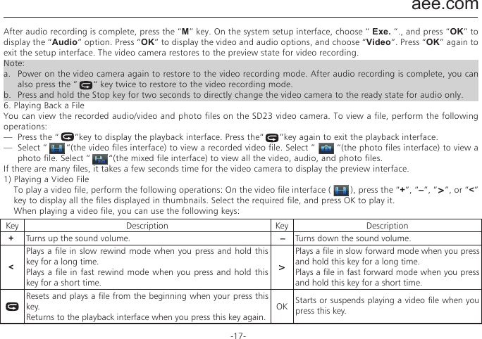 aee.com-17-After audio recording is complete, press the &ldquo;M&rdquo; key. On the system setup interface, choose &ldquo; Exe. &rdquo;., and press &ldquo;OK&rdquo; to display the &ldquo;Audio&rdquo; option. Press &ldquo;OK&rdquo; to display the video and audio options, and choose &ldquo;Video&rdquo;. Press &ldquo;OK&rdquo; again to exit the setup interface. The video camera restores to the preview state for video recording.Note: a.   Power on the video camera again to restore to the video recording mode. After audio recording is complete, you can also press the &rdquo;      &ldquo; key twice to restore to the video recording mode. b.   Press and hold the Stop key for two seconds to directly change the video camera to the ready state for audio only.6. Playing Back a FileYou can view the recorded audio/video and photo files on the SD23 video camera. To view a file, perform the following operations:&mdash;  Press the &ldquo;      &rdquo;key to display the playback interface. Press the&ldquo;      &rdquo;key again to exit the playback interface.&mdash;  Select &rdquo;       &ldquo;(the video files interface) to view a recorded video file. Select &rdquo;        &ldquo;(the photo files interface) to view a photo file. Select &rdquo;       &ldquo;(the mixed file interface) to view all the video, audio, and photo files.If there are many files, it takes a few seconds time for the video camera to display the preview interface.1) Playing a Video FileTo play a video file, perform the following operations: On the video file interface (        ), press the &ldquo;+&rdquo;, &ldquo;&ndash;&rdquo;, &ldquo;>&rdquo;, or &ldquo;<&rdquo; key to display all the files displayed in thumbnails. Select the required file, and press OK to play it.When playing a video file, you can use the following keys:Key Description Key Description+Turns up the sound volume. &ndash;Turns down the sound volume.<Plays a file  in slow rewind mode  when you press and  hold this key for a long time.Plays a file  in fast rewind  mode when you press and hold this key for a short time.>Plays a file in slow forward mode when you press and hold this key for a long time.Plays a file in fast forward mode when you press and hold this key for a short time.Resets and plays a file from the beginning when your press this key.Returns to the playback interface when you press this key again.OK Starts or suspends playing a video file when you press this key.