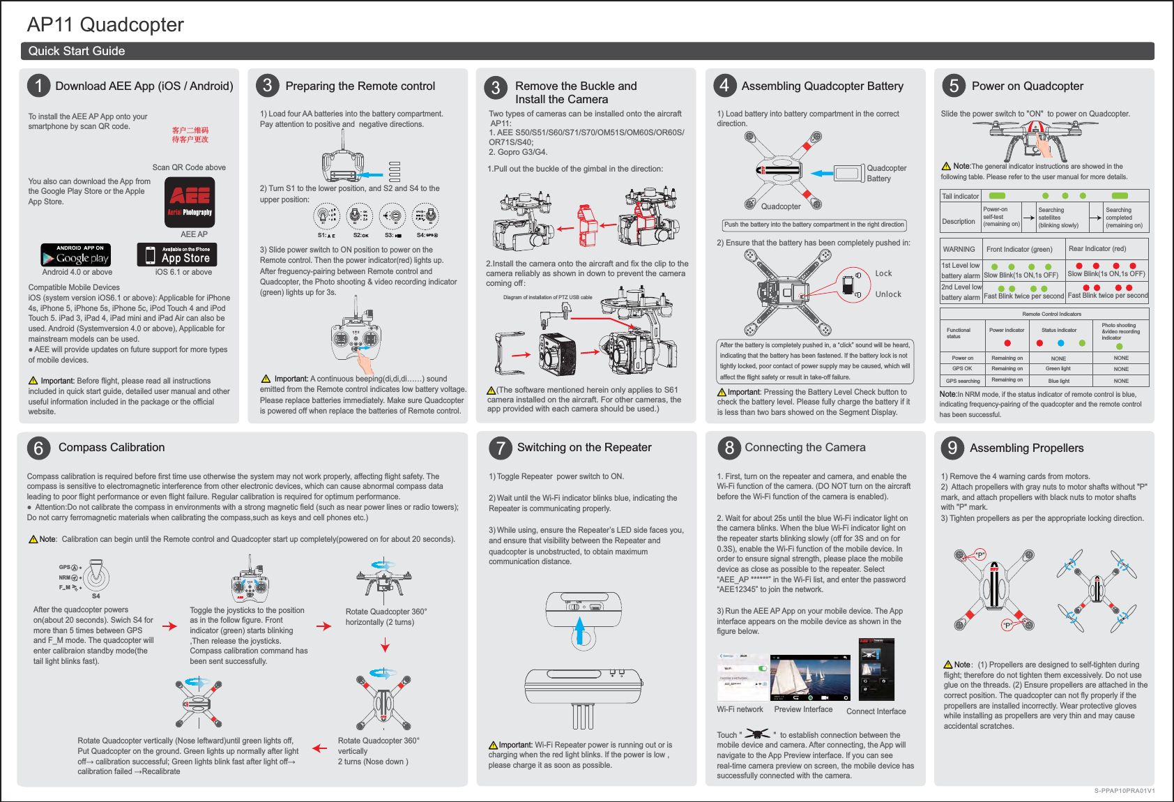 AP11 Quadcopter13Preparing the Remote control     4Assembling Quadcopter Battery 5 7Switching on the Repeater  8   9Wi-Fi network    1) Load four AA batteries into the battery compartment. Pay attention to positive and  negative directions.2) Turn S1 to the lower position, and S2 and S4 to the upper position: 3) Slide power switch to ON position to power on theRemote control. Then the power indicator(red) lights up. After freguency-pairing between Remote control and Quadcopter, the Photo shooting &amp; video recording indicator (green) lights up for 3s.-PDL6OMPDL     Note：(1) Propellers are designed to self-tighten during flight; therefore do not tighten them excessively. Do not use glue on the threads. (2) Ensure propellers are attached in the correct position. The quadcopter can not fly properly if the propellers are installed incorrectly. Wear protective gloves while installing as propellers are very thin and may cause accidental scratches.S-PPAP10PRA01V1iOS 6.1 or above         AEE AP         Android 4.0 or above     0''0/       Important: A continuous beeping(di,di,di&hellip;&hellip;) sound emitted from the Remote control indicates low battery voltage.Please replace batteries immediately. Make sure Quadcopter is powered off when replace the batteries of Remote control.6To install the AEE AP App onto your smartphone by scan QR code.You also can download the App from the Google Play Store or the Apple App Store.Scan QR Code aboveDownload AEE App (iOS / Android)Quick Start GuideAssembling PropellersConnecting the Camera 1) Remove the 4 warning cards from motors.2)  Attach propellers with gray nuts to motor shafts without "P" mark, and attach propellers with black nuts to motor shafts with "P" mark. 3) Tighten propellers as per the appropriate locking direction.1) Toggle Repeater  power switch to ON.2) Wait until the Wi-Fi indicator blinks blue, indicating the Repeater is communicating properly. 3) While using, ensure the Repeater&rsquo;s LED side faces you, and ensure that visibility between the Repeater and quadcopter is unobstructed, to obtain maximum communication distance. Compass CalibrationCompass calibration is required before first time use otherwise the system may not work properly, affecting flight safety. The compass is sensitive to electromagnetic interference from other electronic devices, which can cause abnormal compass data leading to poor flight performance or even flight failure. Regular calibration is required for optimum performance.Do not carry ferromagnetic materials when calibrating the compass,such as keys and cell phones etc.)      Note:  Calibration can begin until the Remote control and Quadcopter start up completely(powered on for about 20 seconds).     Important: Wi-Fi Repeater power is running out or is charging when the red light blinks. If the power is low , please charge it as soon as possible.Touch "               "  to establish connection between the mobile device and camera. After connecting, the App will navigate to the App Preview interface. If you can see real-time camera preview on screen, the mobile device has successfully connected with the camera.Preview Interface Connect Interface  Slide the power switch to "ON"  to power on Quadcopter.1) Load battery into battery compartment in the correct direction. 2) Ensure that the battery has been completely pushed in:       Important: Pressing the Battery Level Check button to check the battery level. Please fully charge the battery if it is less than two bars showed on the Segment Display.Power on Quadcopter      Note:The general indicator instructions are showed in the following table. Please refer to the user manual for more details.Note:In NRM mode, if the status indicator of remote control is blue, indicating frequency-pairing of the quadcopter and the remote control has been successful.Push the battery into the battery compartment in the right directionAfter the battery is completely pushed in, a &ldquo;click&rdquo; sound will be heard, indicating that the battery has been fastened. If the battery lock is not tightly locked, poor contact of power supply may be caused, which willaffect the flight safety or result in take-off failure.Tail indicatorDescription1st Level low battery alarm2nd Level low battery alarmWARNING Front Indicator (green) Rear Indicator (red)Slow Blink(1s ON,1s OFF)Slow Blink(1s ON,1s OFF)Power-on self-test (remaining on)Searching satellites (blinking slowly) Searching completed (remaining on)Fast Blink twice per second Fast Blink twice per secondS1 S2GPSEDSF  MS1: S2: S3: S4: GPS1. First, turn on the repeater and camera, and enable the Wi-Fi function of the camera. (DO NOT turn on the aircraft before the Wi-Fi function of the camera is enabled).2. Wait for about 25s until the blue Wi-Fi indicator light on the camera blinks. When the blue Wi-Fi indicator light on the repeater starts blinking slowly (off for 3S and on for 0.3S), enable the Wi-Fi function of the mobile device. In order to ensure signal strength, please place the mobile device as close as possible to the repeater. Select &ldquo;AEE_AP ******&rdquo; in the Wi-Fi list, and enter the password &ldquo;AEE12345&rdquo; to join the network. 3) Run the AEE AP App on your mobile device. The App interface appears on the mobile device as shown in the figure below.Remove the Buckle and Install the Camera    (The software mentioned herein only applies to S61 camera installed on the aircraft. For other cameras, the app provided with each camera should be used.)1.Pull out the buckle of the gimbal in the direction:2.Install the camera onto the aircraft and fix the clip to the camera reliably as shown in down to prevent the camera coming off：Diagram of installation of PTZ USB cableTwo types of cameras can be installed onto the aircraft AP11:1. AEE S50/S51/S60/S71/S70/OM51S/OM60S/OR60S/OR71S/S40; 2. Gopro G3/G4.Compatible Mobile DevicesiOS (system version iOS6.1 or above): Applicable for iPhone 4s, iPhone 5, iPhone 5s, iPhone 5c, iPod Touch 4 and iPod Touch 5. iPad 3, iPad 4, iPad mini and iPad Air can also be used. Android (Systemversion 4.0 or above), Applicable for mainstream models can be used.of mobile devices.      Important: Before flight, please read all instructions included in quick start guide, detailed user manual and other useful information included in the package or the official website.Quadcopter BatteryQuadcopterGreen lightBlue lightRemaining onRemaining onRemaining onNONE NONE NONE NONE 客户二维码待客户更改Remote Control IndicatorsPower indicator Status indicatorPhoto shooting &amp;video recordingindicator Functional statusPower on GPS OKGPS searchingToggle the joysticks to the position as in the follow figure. Front indicator (green) starts blinking ,Then release the joysticks. Compass calibration command has been sent successfully.Rotate Quadcopter 360&deg; horizontally (2 turns)Rotate Quadcopter 360&deg; vertically2 turns (Nose down )Rotate Quadcopter vertically (Nose leftward)until green lights off, Put Quadcopter on the ground. Green lights up normally after light S2 S3NULLS4GPSNRMS1After the quadcopter powers on(about 20 seconds). Swich S4 for more than 5 times between GPS and F_M mode. The quadcopter will enter calibraion standby mode(the tail light blinks fast).S4GPSNRMF  M