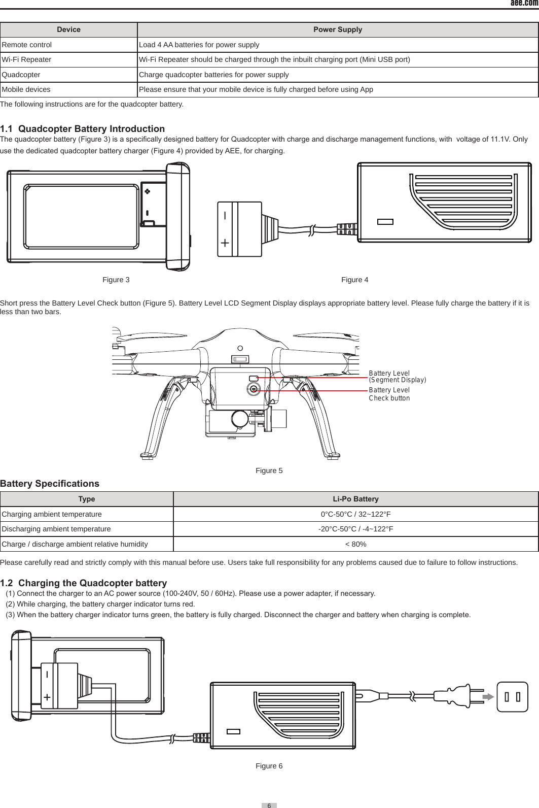 aee.com6  Device Power SupplyRemote control Load 4 AA batteries for power supplyWi-Fi Repeater Wi-Fi Repeater should be charged through the inbuilt charging port (Mini USB port)Quadcopter Charge quadcopter batteries for power supplyMobile devices Please ensure that your mobile device is fully charged before using AppThe following instructions are for the quadcopter battery�1.1  Quadcopter Battery IntroductionThe quadcopter battery (Figure 3) is a specically designed battery for Quadcopter with charge and discharge management functions, with  voltage of 11.1V. Only use the dedicated quadcopter battery charger (Figure 4) provided by AEE, for charging.                                                  Figure 3                                                                                                       Figure 4Short press the Battery Level Check button (Figure 5)� Battery Level LCD Segment Display displays appropriate battery level� Please fully charge the battery if it is less than two bars�Battery Level Check buttonBattery Level(Segment Display)Figure 5Battery SpecicationsType Li-Po BatteryCharging ambient temperature 0&deg;C-50&deg;C / 32~122&deg;FDischarging ambient temperature -20&deg;C-50&deg;C / -4~122&deg;FCharge / discharge ambient relative humidity < 80%Please carefully read and strictly comply with this manual before use� Users take full responsibility for any problems caused due to failure to follow instructions�1.2  Charging the Quadcopter battery(1) Connect the charger to an AC power source (100-240V, 50 / 60Hz). Please use a power adapter, if necessary. (2) While charging, the battery charger indicator turns red. (3) When the battery charger indicator turns green, the battery is fully charged. Disconnect the charger and battery when charging is complete.Figure 6