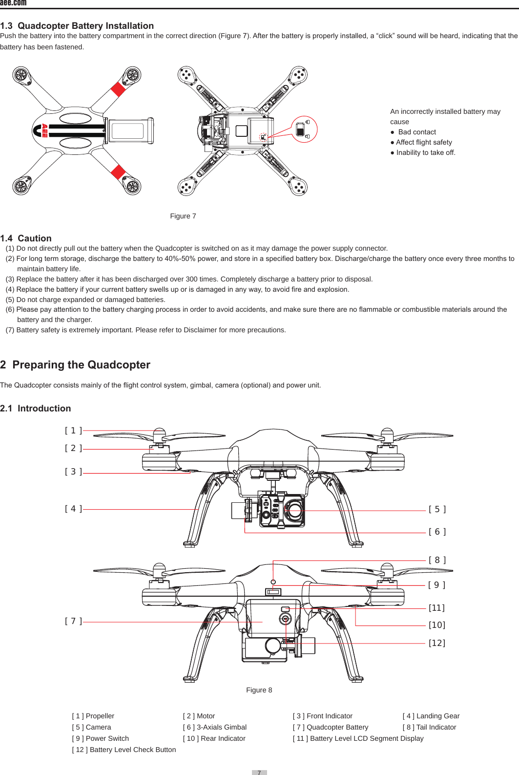 7  aee.com7  1.3  Quadcopter Battery InstallationPush the battery into the battery compartment in the correct direction (Figure 7). After the battery is properly installed, a &ldquo;click&rdquo; sound will be heard, indicating that the battery has been fastened�                                                                                                                                                                      Figure 71.4  Caution(1) Do not directly pull out the battery when the Quadcopter is switched on as it may damage the power supply connector�(2) For long term storage, discharge the battery to 40%-50% power, and store in a specied battery box. Discharge/charge the battery once every three months to maintain battery life�(3) Replace the battery after it has been discharged over 300 times� Completely discharge a battery prior to disposal� (4) Replace the battery if your current battery swells up or is damaged in any way, to avoid re and explosion.(5) Do not charge expanded or damaged batteries�(6) Please pay attention to the battery charging process in order to avoid accidents, and make sure there are no ammable or combustible materials around the battery and the charger� (7) Battery safety is extremely important� Please refer to Disclaimer for more precautions�2  Preparing the Quadcopter                                                              The Quadcopter consists mainly of the ight control system, gimbal, camera (optional) and power unit.2.1  Introduction     [ 1 ][ 2 ][ 3 ][ 4 ][ 7 ][ 5 ][ 6 ][ 8 ][ 9 ][11][10][12]Figure 8      [ 1 ] Propeller    [ 2 ] Motor      [ 3 ] Front Indicator    [ 4 ] Landing Gear      [ 5 ] Camera    [ 6 ] 3-Axials Gimbal    [ 7 ] Quadcopter Battery  [ 8 ] Tail Indicator[ 9 ] Power Switch          [ 10 ] Rear Indicator    [ 11 ] Battery Level LCD Segment Display   [ 12 ] Battery Level Check ButtonAn incorrectly installed battery may cause●  Bad contact● Affect ight safety● Inability to take off.