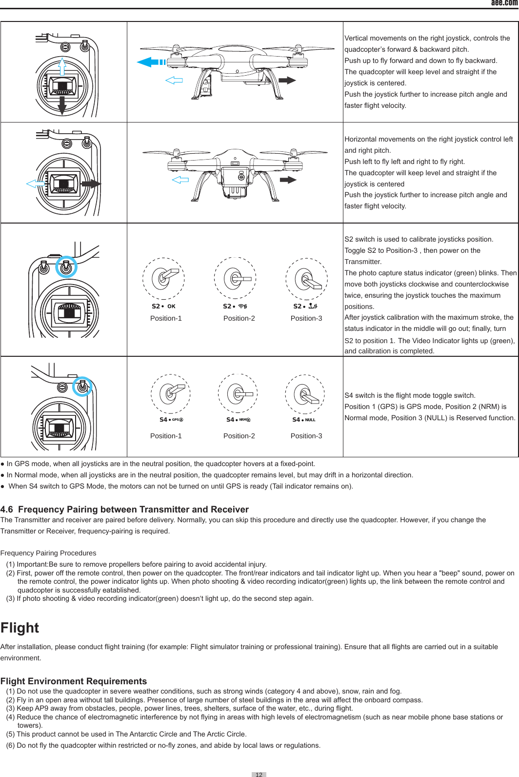 aee.com12  Vertical movements on the right joystick, controls the quadcopter&rsquo;s forward &amp; backward pitch. Push up to y forward and down to y backward.The quadcopter will keep level and straight if the joystick is centered. Push the joystick further to increase pitch angle and faster ight velocity.Horizontal movements on the right joystick control left and right pitch. Push left to y left and right to y right. The quadcopter will keep level and straight if the joystick is centeredPush the joystick further to increase pitch angle and faster ight velocity.S2 S2S2                 Position-1                     Position-2                  Position-3 S2 switch is used to calibrate joysticks position. Toggle S2 to Position-3 , then power on theTransmitter. The photo capture status indicator (green) blinks. Then move both joysticks clockwise and counterclockwise twice, ensuring the joystick touches the maximum positions. After joystick calibration with the maximum stroke, the status indicator in the middle will go out; nally, turn S2 to position 1. The Video Indicator lights up (green), and calibration is completed.             S4 S4S4NULLGPSNRM                 Position-1                     Position-2                  Position-3 S4 switch is the ight mode toggle switch. Position 1 (GPS) is GPS mode, Position 2 (NRM) isNormal mode, Position 3 (NULL) is Reserved function.● In GPS mode, when all joysticks are in the neutral position, the quadcopter hovers at a xed-point.● In Normal mode, when all joysticks are in the neutral position, the quadcopter remains level, but may drift in a horizontal direction.●  When S4 switch to GPS Mode, the motors can not be turned on until GPS is ready (Tail indicator remains on).4.6  Frequency Pairing between Transmitter and ReceiverThe Transmitter and receiver are paired before delivery. Normally, you can skip this procedure and directly use the quadcopter. However, if you change the Transmitter or Receiver, frequency-pairing is required.Frequency Pairing Procedures(1) Important:Be sure to remove propellers before pairing to avoid accidental injury.(2) First, power off the remote control, then power on the quadcopter. The front/rear indicators and tail indicator light up. When you hear a "beep" sound, power on the remote control, the power indicator lights up. When photo shooting &amp; video recording indicator(green) lights up, the link between the remote control and quadcopter is successfully eatablished.(3) If photo shooting &amp; video recording indicator(green) doesn&lsquo;t light up, do the second step again.FlightAfter installation, please conduct ight training (for example: Flight simulator training or professional training). Ensure that all ights are carried out in a suitable environment.Flight Environment Requirements(1) Do not use the quadcopter in severe weather conditions, such as strong winds (category 4 and above), snow, rain and fog. (2) Fly in an open area without tall buildings. Presence of large number of steel buildings in the area will affect the onboard compass.(3) Keep AP9 away from obstacles, people, power lines, trees, shelters, surface of the water, etc., during ight.(4) Reduce the chance of electromagnetic interference by not ying in areas with high levels of electromagnetism (such as near mobile phone base stations or towers).(5) This product cannot be used in The Antarctic Circle and The Arctic Circle.(6) Do not y the quadcopter within restricted or no-y zones, and abide by local laws or regulations.