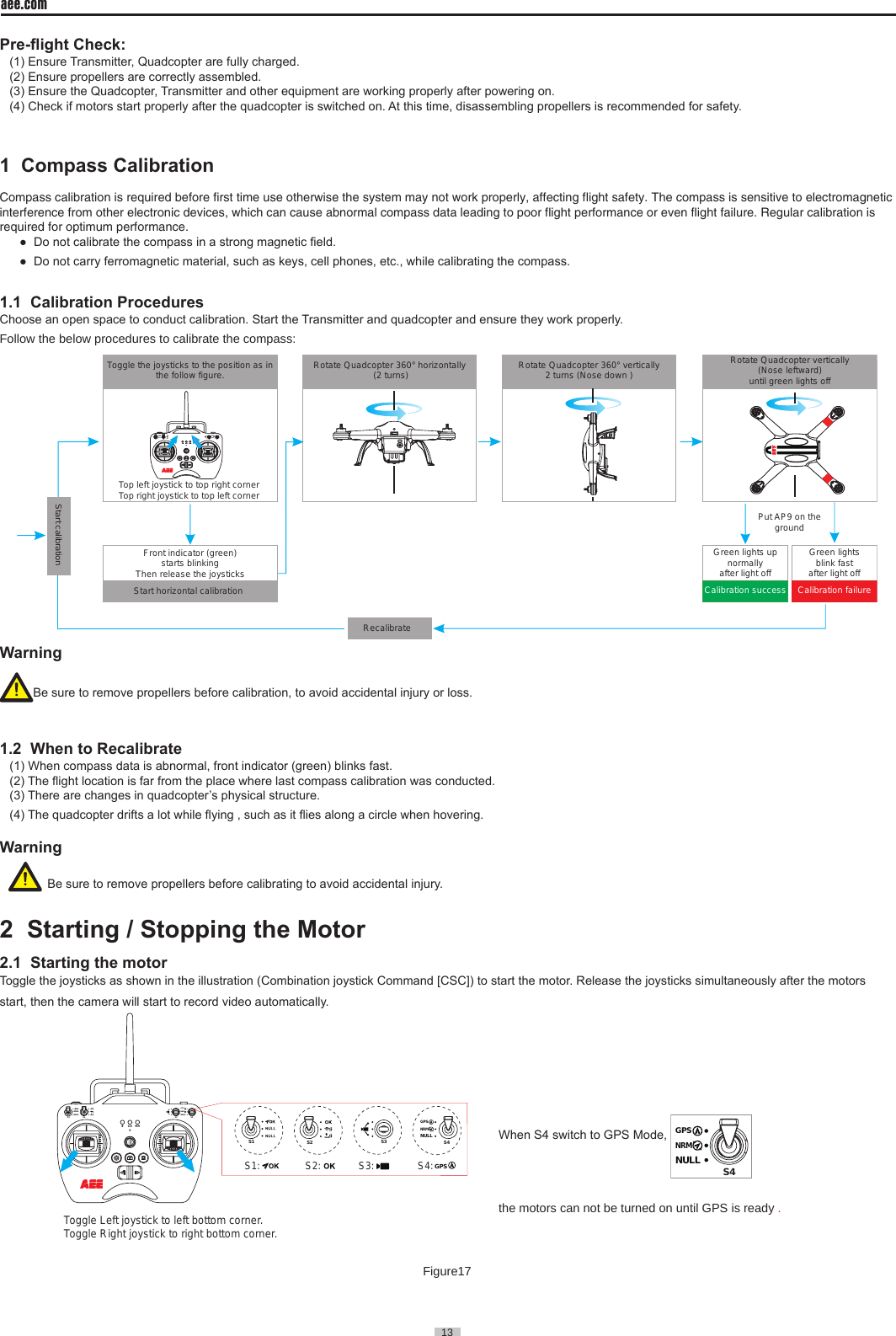 13  aee.com13  Pre-ight Check:(1) Ensure Transmitter, Quadcopter are fully charged.(2) Ensure propellers are correctly assembled.(3) Ensure the Quadcopter, Transmitter and other equipment are working properly after powering on.(4) Check if motors start properly after the quadcopter is switched on. At this time, disassembling propellers is recommended for safety.1  Compass Calibration                                                        Compass calibration is required before first time use otherwise the system may not work properly, affecting flight safety. The compass is sensitive to electromagnetic interference from other electronic devices, which can cause abnormal compass data leading to poor flight performance or even flight failure. Regular calibration is required for optimum performance.●  Do not calibrate the compass in a strong magnetic eld. ●  Do not carry ferromagnetic material, such as keys, cell phones, etc., while calibrating the compass.1.1  Calibration Procedures Choose an open space to conduct calibration. Start the Transmitter and quadcopter and ensure they work properly. Follow the below procedures to calibrate the compass:NULLS3 S4GPSNRMS2NULLNULLS1Toggle the joysticks to the position as in the follow figure. Rotate Quadcopter 360&deg; vertically2 turns (Nose down )Rotate Quadcopter vertically(Nose leftward)until green lights offGreen lights blink fast after light off Calibration failureGreen lights up normally after light offCalibration successPut AP9 on the groundRecalibrateStart horizontal calibrationFront indicator (green)starts blinkingThen release the joysticksStart calibrationTop left joystick to top right cornerTop right joystick to top left cornerRotate Quadcopter 360&deg; horizontally (2 turns)WarningBe sure to remove propellers before calibration, to avoid accidental injury or loss.      1.2  When to Recalibrate(1) When compass data is abnormal, front indicator (green) blinks fast.(2) The ight location is far from the place where last compass calibration was conducted. (3) There are changes in quadcopter&rsquo;s physical structure.(4) The quadcopter drifts a lot while ying , such as it ies along a circle when hovering.Warning                   Be sure to remove propellers before calibrating to avoid accidental injury.2  Starting / Stopping the Motor                                                          2.1  Starting the motor Toggle the joysticks as shown in the illustration (Combination joystick Command [CSC]) to start the motor. Release the joysticks simultaneously after the motors start, then the camera will start to record video automatically.  NULLS3 S4GPSNRMS2NULLNULLS1Toggle Left joystick to left bottom corner.Toggle Right joystick to right bottom corner. S1: S2: S3:S4:S2S1 S3 NULL S4GPSNRMGPSFigure17When S4 switch to GPS Mode, NULLS4GPSNRM     the motors can not be turned on until GPS is ready .