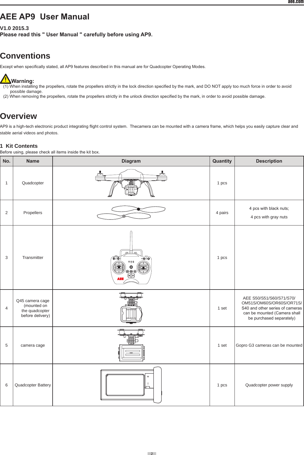 aee.com2  AEE AP9  User ManualV1.0 2015.3 Please read this " User Manual " carefully before using AP9.ConventionsExcept when specically stated, all AP9 features described in this manual are for Quadcopter Operating Modes.Warning:(1) When installing the propellers, rotate the propellers strictly in the lock direction specied by the mark, and DO NOT apply too much force in order to avoid possible damage.  (2) When removing the propellers, rotate the propellers strictly in the unlock direction specied by the mark, in order to avoid possible damage.OverviewAP9 is a high-tech electronic product integrating ight control system.  Thecamera can be mounted with a camera frame, which helps you easily capture clear and stable aerial videos and photos. 1  Kit ContentsBefore using, please check all items inside the kit box.No. Name Diagram Quantity Description1 Quadcopter 1 pcs2 Propellers 4 pairs 4 pcs with black nuts; 4 pcs with gray nuts  3 Transmitter NULLS3 S4GPSNRMS2NULLNULLS1 1 pcs4Q45 camera cage (mounted on the quadcopter before delivery)1 setAEE S50/S51/S60/S71/S70/OM51S/OM60S/OR60S/OR71S/S40 and other series of cameras can be mounted (Camera shall be purchased separately)5 camera cage  1 set Gopro G3 cameras can be mounted6 Quadcopter Battery 1 pcs Quadcopter  power  supply                                 