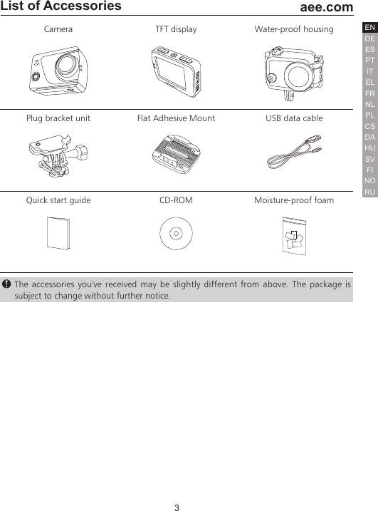 3  aee.comDEENESPTITELFRNLPLCSHUSVFINORUDAList of AccessoriesCamera TFT display Water-proof housingPlug bracket unit Flat Adhesive Mount USB data cableQuick start guide CD-ROM Moisture-proof foam The accessories you've received may be slightly different from above. The package is subject to change without further notice. 