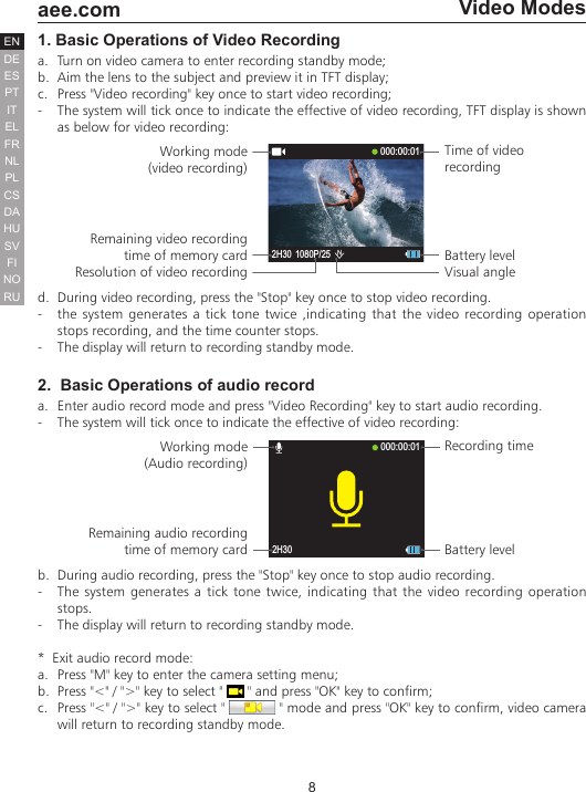 8  aee.comDEENESPTITELFRNLPLCSHUSVFINORUDAVideo Modes1. Basic Operations of Video Recordinga.  Turn on video camera to enter recording standby mode;b.  Aim the lens to the subject and preview it in TFT display;c.  Press "Video recording" key once to start video recording;-  The system will tick once to indicate the effective of video recording, TFT display is shown as below for video recording:Working mode(video recording)Remaining video recording time of memory cardResolution of video recordingTime of video recording Battery levelVisual angle2H30 1080P/25000:00:01d.  During video recording, press the "Stop" key once to stop video recording.-  the system generates a tick tone twice ,indicating that the video recording operation stops recording, and the time counter stops. -  The display will return to recording standby mode.2.  Basic Operations of audio recorda.  Enter audio record mode and press "Video Recording" key to start audio recording.-  The system will tick once to indicate the effective of video recording:2H30000:00:01Working mode (Audio recording) Remaining audio recording time of memory cardRecording timeBattery levelb.  During audio recording, press the "Stop" key once to stop audio recording.-  The system generates a tick tone twice, indicating that the video recording operation stops.-  The display will return to recording standby mode.*  Exit audio record mode:a.  Press "M" key to enter the camera setting menu;b.  Press "<" / ">" key to select "   " and press "OK" key to confirm;c.  Press "<" / ">" key to select "   " mode and press "OK" key to confirm, video camera will return to recording standby mode.
