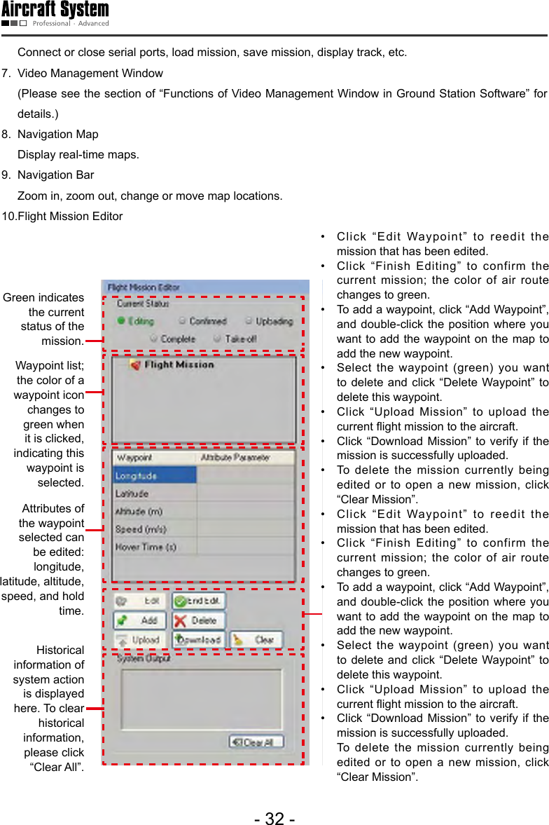 - 32 -  Connect or close serial ports, load mission, save mission, display track, etc. 7.  Video Management Window  (Please see the section of &ldquo;Functions of Video Management Window in Ground Station Software&rdquo; for details.) 8.  Navigation Map   Display real-time maps. 9.  Navigation Bar  Zoom in, zoom out, change or move map locations.10.Flight Mission Editor Green indicates the current status of the mission.Waypoint list; the color of a waypoint icon changes to green when it is clicked, indicating this waypoint is selected. Attributes of the waypoint selected can be edited: longitude, latitude, altitude, speed, and hold time. Historical information of system action is displayed here. To clear historical information, please click &ldquo;Clear All&rdquo;. &bull;  Click  &ldquo;Edit  Waypoint&rdquo;  to  reedit  the mission that has been edited.&bull;  Click  &ldquo;Finish  Editing&rdquo;  to  confirm  the current mission; the color of air route changes to green.&bull;  To add a waypoint, click &ldquo;Add Waypoint&rdquo;, and double-click the position where you want to add the waypoint on the map to add the new waypoint. &bull;  Select  the  waypoint  (green)  you  want to delete and click &ldquo;Delete Waypoint&rdquo; to delete this waypoint.&bull;  Click  &ldquo;Upload  Mission&rdquo;  to  upload  the current ight mission to the aircraft.&bull;  Click &ldquo;Download  Mission&rdquo; to  verify if the mission is successfully uploaded. &bull;  To  delete  the  mission  currently  being edited or to open a new mission, click &ldquo;Clear Mission&rdquo;. &bull;  Click  &ldquo;Edit  Waypoint&rdquo;  to  reedit  the mission that has been edited.&bull;  Click  &ldquo;Finish  Editing&rdquo;  to  confirm  the current mission; the color of air route changes to green.&bull;  To add a waypoint, click &ldquo;Add Waypoint&rdquo;, and double-click the position where you want to add the waypoint on the map to add the new waypoint. &bull;  Select  the  waypoint  (green)  you  want to delete and click &ldquo;Delete Waypoint&rdquo; to delete this waypoint.&bull;  Click  &ldquo;Upload  Mission&rdquo;  to  upload  the current ight mission to the aircraft.&bull;  Click &ldquo;Download  Mission&rdquo; to  verify if the mission is successfully uploaded.   To delete the mission currently being edited or to open a new mission, click &ldquo;Clear Mission&rdquo;. 