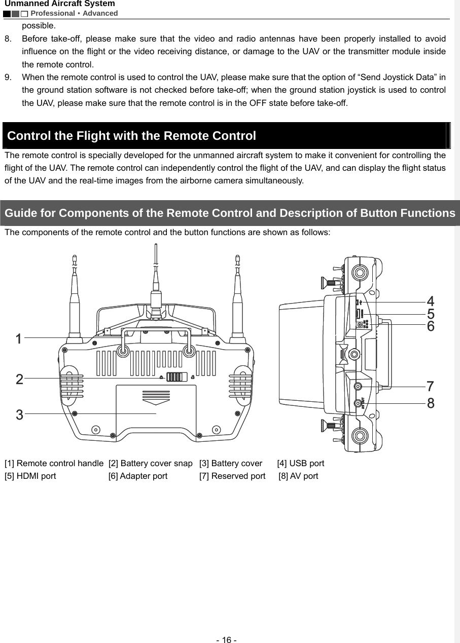 Unmanned Aircraft System        Professional&middot;Advanced  - 16 - possible.  8.  Before take-off, please make sure that the video and radio antennas have been properly installed to avoid influence on the flight or the video receiving distance, or damage to the UAV or the transmitter module inside the remote control. 9.  When the remote control is used to control the UAV, please make sure that the option of &ldquo;Send Joystick Data&rdquo; in the ground station software is not checked before take-off; when the ground station joystick is used to control the UAV, please make sure that the remote control is in the OFF state before take-off.  Control the Flight with the Remote Control     The remote control is specially developed for the unmanned aircraft system to make it convenient for controlling the flight of the UAV. The remote control can independently control the flight of the UAV, and can display the flight status of the UAV and the real-time images from the airborne camera simultaneously.    Guide for Components of the Remote Control and Description of Button Functions The components of the remote control and the button functions are shown as follows:    [1] Remote control handle  [2] Battery cover snap   [3] Battery cover       [4] USB port   [5] HDMI port       [6] Adapter port      [7] Reserved port      [8] AV port   