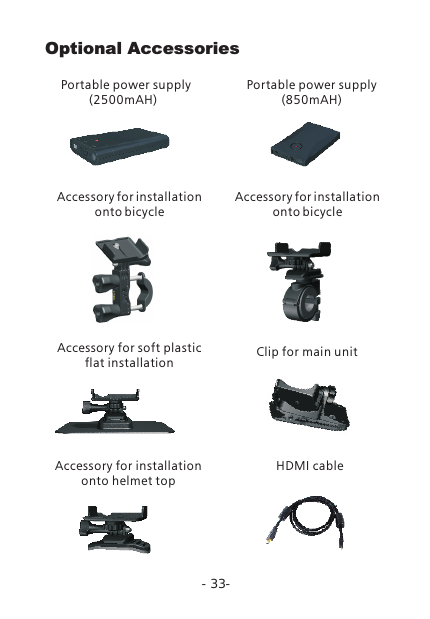 Optional Accessories-33-Portable power supply        (2500mAH)Portable power supply (850mAH)HDMI cableAccessory for installation onto bicycle Accessory for soft plastic flat installationAccessory for installation onto helmet topClip for main unitAccessory for installation onto bicycle 