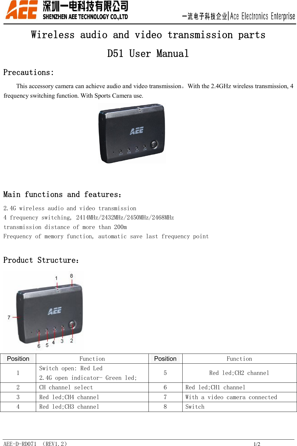  AEE-D-RD071 （REV1.2）                                                             1/2 Wireless audio and video transmission parts D51 User Manual  Precautions: This accessory camera can achieve audio and video transmission。With the 2.4GHz wireless transmission, 4 frequency switching function. With Sports Camera use.                                  Main functions and features： 2.4G wireless audio and video transmission 4 frequency switching, 2414MHz/2432MHz/2450MHz/2468MHz transmission distance of more than 200m Frequency of memory function, automatic save last frequency point  Product Structure：  Position  Function  Position  Function 1  Switch open: Red Led 2.4G open indicator- Green led;  5  Red led;CH2 channel 2  CH channel select  6  Red led;CH1 channel 3  Red led;CH4 channel  7  With a video camera connected 4  Red led;CH3 channel  8  Switch  