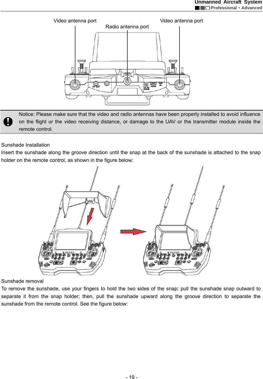 Unmanned Aircraft System  Professional&middot;Advanced - 19 -   Notice: Please make sure that the video and radio antennas have been properly installed to avoid influence on the flight or the video receiving distance, or damage to the UAV or the transmitter module inside the remote control.  Sunshade Installation   Insert the sunshade along the groove direction until the snap at the back of the sunshade is attached to the snap holder on the remote control, as shown in the figure below:    Sunshade removal   To remove the sunshade, use your fingers to hold the two sides of the snap; pull the sunshade snap outward to separate it from the snap holder; then, pull the sunshade upward along the groove direction to separate the sunshade from the remote control. See the figure below:   Video antenna port  Video antenna port Radio antenna port 