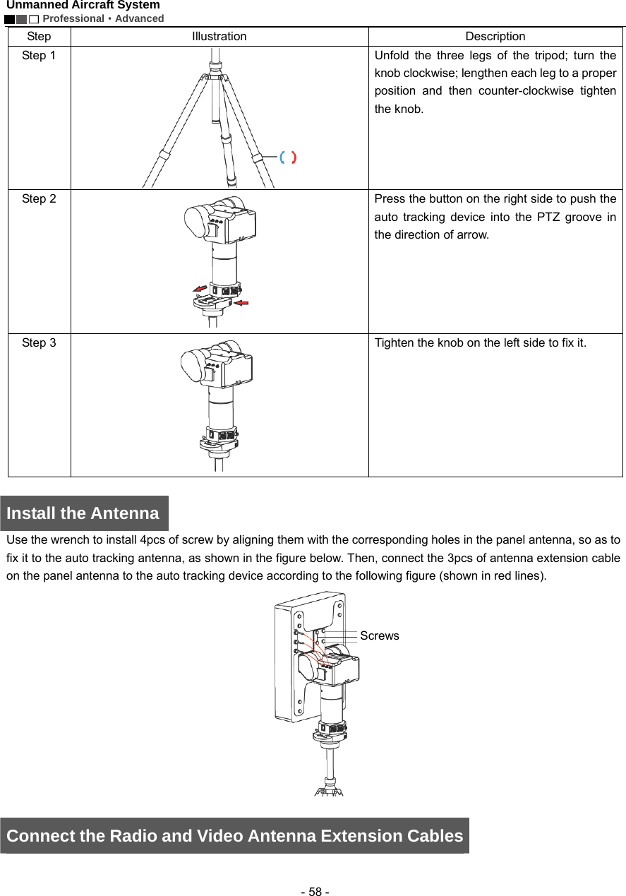 Unmanned Aircraft System        Professional&middot;Advanced  - 58 - Step Illustration  Description Step 1  Unfold the three legs of the tripod; turn the knob clockwise; lengthen each leg to a proper position and then counter-clockwise tighten the knob.   Step 2  Press the button on the right side to push the auto tracking device into the PTZ groove in the direction of arrow.   Step 3  Tighten the knob on the left side to fix it.    Install the Antenna Use the wrench to install 4pcs of screw by aligning them with the corresponding holes in the panel antenna, so as to fix it to the auto tracking antenna, as shown in the figure below. Then, connect the 3pcs of antenna extension cable on the panel antenna to the auto tracking device according to the following figure (shown in red lines).   Connect the Radio and Video Antenna Extension Cables  Screws