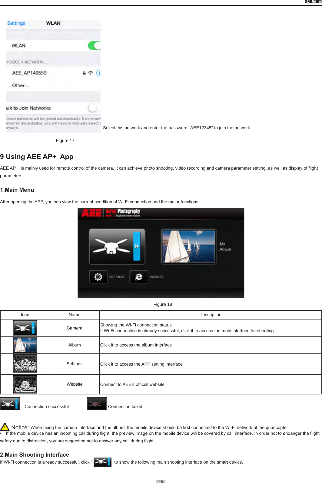 aee.com18               Select this network and enter the password "AEE12345" to join the network�                             Figure 17  9 Using AEE AP+  App AEE AP+  is mainly used for remote control of the camera. It can achieve photo shooting, video recording and camera parameter setting, as well as display of ight parameters�1.Main MenuAfter opening the APP, you can view the current condition of Wi-Fi connection and the major functions:                                              Figure 18   Icon Name DescriptionCamera  Showing the Wi-Fi connection statusIf Wi-Fi connection is already successful, click it to access the main interface for shootingAlbum  Click it to access the album interface Settings Click it to access the APP setting interface Website Connect to AEE&lsquo;s ofcial website      Connection successful                 Connection failed Notice: When using the camera interface and the album, the mobile device should be rst connected to the Wi-Fi network of the quadcopter&bull;If the mobile device has an incoming call during ight, the preview image on the mobile device will be covered by call interface. In order not to endanger the ight safety due to distraction, you are suggested not to answer any call during ight.2.Main Shooting Interface If Wi-Fi connection is already successful, click "   "to show the following main shooting interface on the smart device�