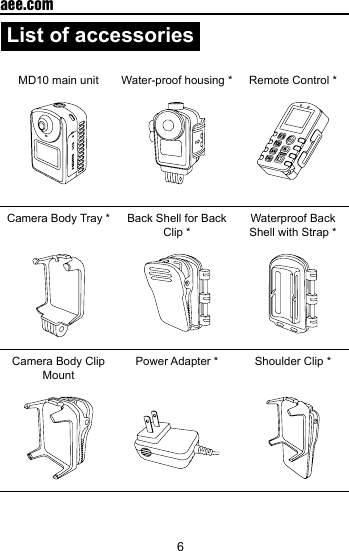 6  aee.comList of accessories MD10 main unit Water-proof housing * Remote Control * Camera Body Tray * Back Shell for Back Clip *Waterproof Back Shell with Strap *Camera Body Clip MountPower Adapter * Shoulder Clip *