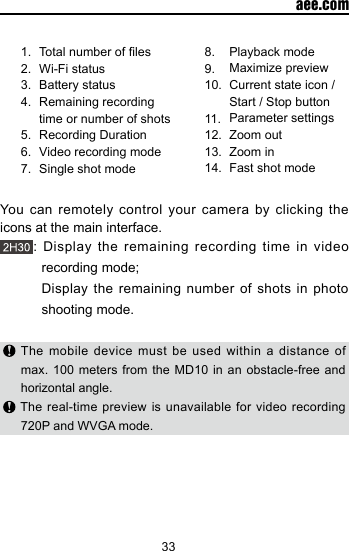 33  aee.com1.2.3.4.5.6.7.Total number of lesWi-Fi statusBattery statusRemaining recording time or number of shotsRecording DurationVideo recording modeSingle shot mode8. 9. 10. 11. 12. 13. 14.Playback modeMaximize previewCurrent state icon / Start / Stop buttonParameter settingsZoom outZoom inFast shot modeYou can remotely control your camera by clicking the icons at the main interface.: Display the remaining recording time in video recording mode;  Display the remaining number of shots in photo shooting mode. The mobile device must be used within a distance of max. 100 meters from the MD10 in an obstacle-free and horizontal angle. The real-time preview is unavailable for video recording  720P and WVGA mode. 