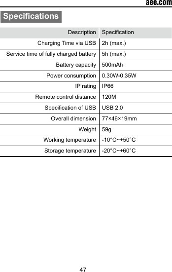 47  aee.comSpecicationsDescription SpecicationCharging  Time  via  USB    2h (max.)Service time of fully charged battery 5h (max.)Battery capacity 500mAhPower consumption 0.30W-0.35WIP rating IP66Remote control distance 120MSpecication of USB USB 2.0Overall dimension  77&times;46&times;19mm Weight  59gWorking temperature  -10&deg;C~+50&deg;CStorage temperature  -20&deg;C~+60&deg;C
