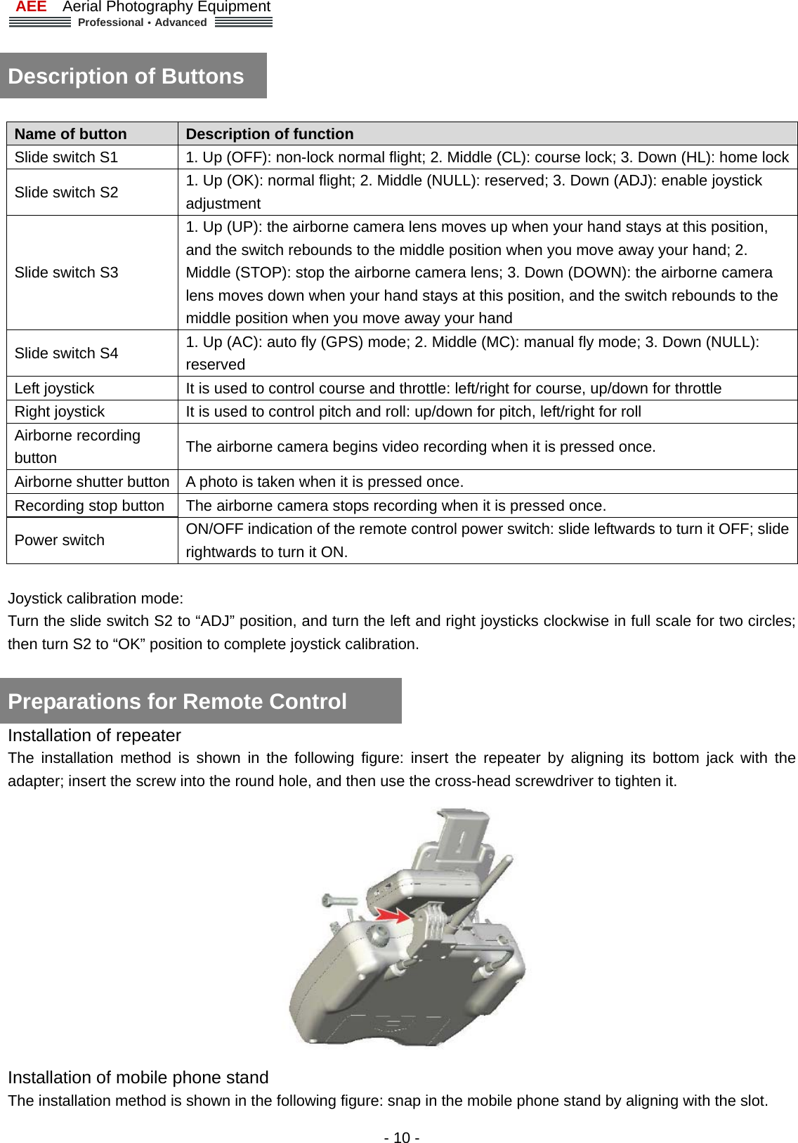 AEE  Aerial Photography Equipment  Professional&middot;Advanced   - 10 -  Description of Buttons    Name of button    Description of function   Slide switch S1    1. Up (OFF): non-lock normal flight; 2. Middle (CL): course lock; 3. Down (HL): home lockSlide switch S2  1. Up (OK): normal flight; 2. Middle (NULL): reserved; 3. Down (ADJ): enable joystick adjustment Slide switch S3 1. Up (UP): the airborne camera lens moves up when your hand stays at this position, and the switch rebounds to the middle position when you move away your hand; 2. Middle (STOP): stop the airborne camera lens; 3. Down (DOWN): the airborne camera lens moves down when your hand stays at this position, and the switch rebounds to the middle position when you move away your hand       Slide switch S4  1. Up (AC): auto fly (GPS) mode; 2. Middle (MC): manual fly mode; 3. Down (NULL): reserved     Left joystick    It is used to control course and throttle: left/right for course, up/down for throttle Right joystick    It is used to control pitch and roll: up/down for pitch, left/right for roll Airborne recording button   The airborne camera begins video recording when it is pressed once.   Airborne shutter button  A photo is taken when it is pressed once.   Recording stop button    The airborne camera stops recording when it is pressed once. Power switch    ON/OFF indication of the remote control power switch: slide leftwards to turn it OFF; slide rightwards to turn it ON.  Joystick calibration mode:   Turn the slide switch S2 to &ldquo;ADJ&rdquo; position, and turn the left and right joysticks clockwise in full scale for two circles; then turn S2 to &ldquo;OK&rdquo; position to complete joystick calibration.  Preparations for Remote Control   Installation of repeater   The installation method is shown in the following figure: insert the repeater by aligning its bottom jack with the adapter; insert the screw into the round hole, and then use the cross-head screwdriver to tighten it.    Installation of mobile phone stand   The installation method is shown in the following figure: snap in the mobile phone stand by aligning with the slot.     