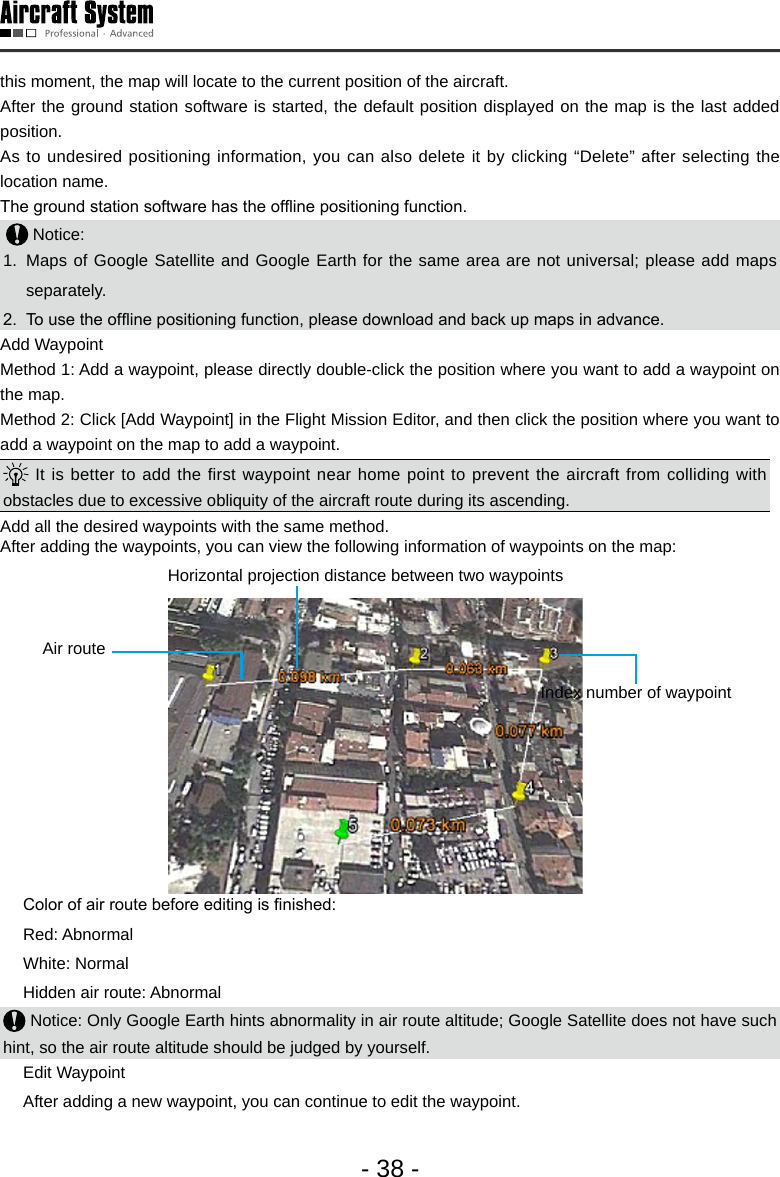 - 38 -this moment, the map will locate to the current position of the aircraft.After the ground station software is started, the default position displayed on the map is the last added position.As to undesired positioning information, you can also delete it by clicking &ldquo;Delete&rdquo; after selecting the location name. The ground station software has the ofine positioning function.      Notice: 1.  Maps of Google Satellite and Google Earth for the same area are not universal; please add maps separately.2.  To use the ofine positioning function, please download and back up maps in advance.Add Waypoint Method 1: Add a waypoint, please directly double-click the position where you want to add a waypoint on the map.Method 2: Click [Add Waypoint] in the Flight Mission Editor, and then click the position where you want to add a waypoint on the map to add a waypoint. It is better to add the first waypoint near home point to prevent the aircraft from colliding with obstacles due to excessive obliquity of the aircraft route during its ascending. Add all the desired waypoints with the same method. After adding the waypoints, you can view the following information of waypoints on the map: Horizontal projection distance between two waypointsAir routeIndex number of waypoint  Color of air route before editing is nished:  Red: Abnormal  White: Normal  Hidden air route: Abnormal  Notice: Only Google Earth hints abnormality in air route altitude; Google Satellite does not have such hint, so the air route altitude should be judged by yourself.   Edit Waypoint   After adding a new waypoint, you can continue to edit the waypoint. 