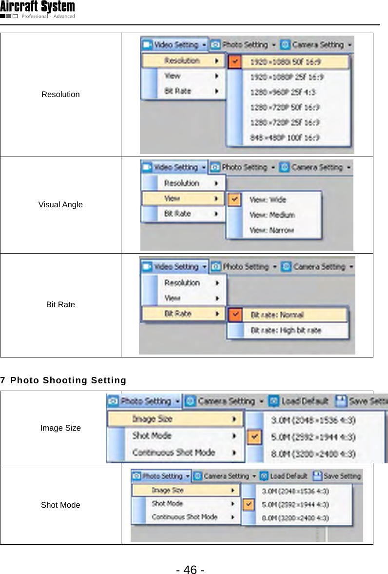 - 46 -ResolutionVisual Angle Bit Rate 7 Photo Shooting SettingImage Size Shot Mode 