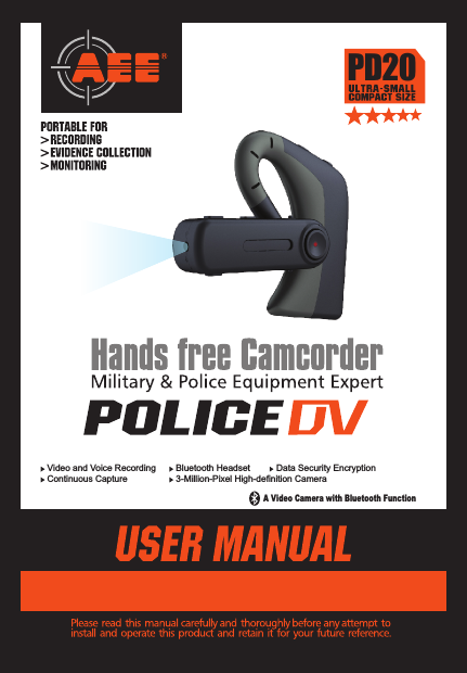  A Video Camera with Bluetooth FunctionPD20Video and Voice Recording Continuous Capture Bluetooth Headset3-Million-Pixel High-definition CameraData Security Encryption