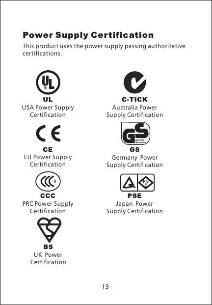 Power Supply Cer tificationThis product uses the power supply passing authoritative certifications.ULUSA Power Supply CertificationCEEU Power Supply CertificationCCCPRC Power Supply CertificationBSUK Power CertificationC-TICK  Australia Power Supply CertificationGSGermany Power Supply CertificationPSEJapan Power Supply Certification13