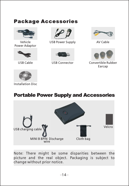 Package AccessoriesVehicle Power AdaptorUSB Power Supply AV CableConvertible Rubber EarcapUSB ConnectorUSB CableInstallation Disc Portable Power Supply and AccessoriesUSB charging cableMINI B 8PIN Discharge wire Cloth bagVelcro14Note:  There  might  be  some  disparities  between  the picture  and  the  real  object.  Packaging  is  subject  to change without prior notice. 