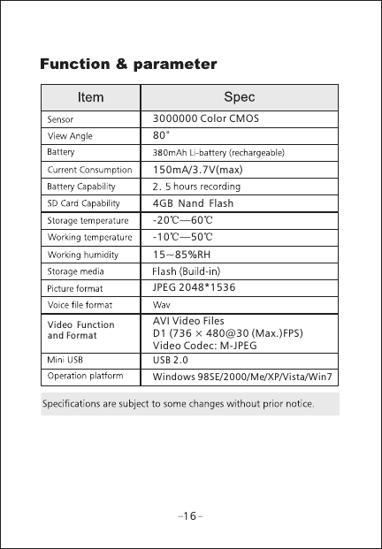 3000000 Color CMOS80&deg;150mA/3.7V(max)  4GB Nand FlashVideo Function and Format -20 60℃&mdash;℃JPEG 2048*1536Windows 98SE/2000/Me/XP/Vista/Win7USB 2.016-10 &mdash;50℃ ℃15~85%RHAVI Video FilesD1 (736 &times; 480@30 (Max.)FPS)Video Codec: M-JPEG