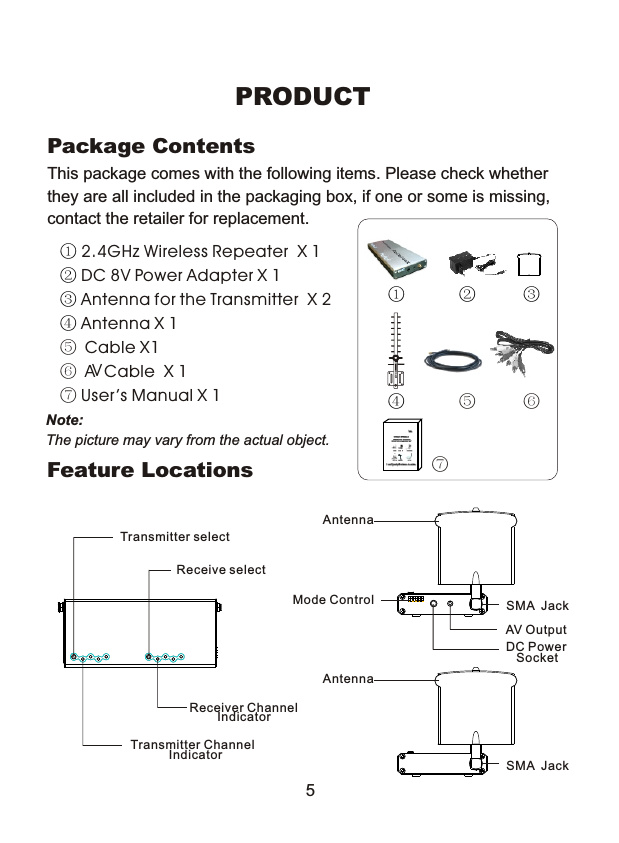 Feature LocationsThis package comes with the following items. Please check whether they are all included in the packaging box, if one or some is missing, contact the retailer for replacement.Package ContentsPRODUCTNote:The picture may vary from the actual object.① ② ③④⑤ ①②③④ 2.4GHz Wireless Repeater  X 1 DC 8V Power Adapter X 1 Antenna for the Transmitter  X 2 Antenna X 1⑤ Cable X1⑥ A  Cable  X 1 ⑦ User &rsquo;s Manual X 1VTransmitter Channel           IndicatorReceiver Channel        IndicatorTransmitter selectReceive selectAntennaAntennaSMA  JackAV OutputMode ControlDC Power    SocketSMA  Jack5⑥⑦