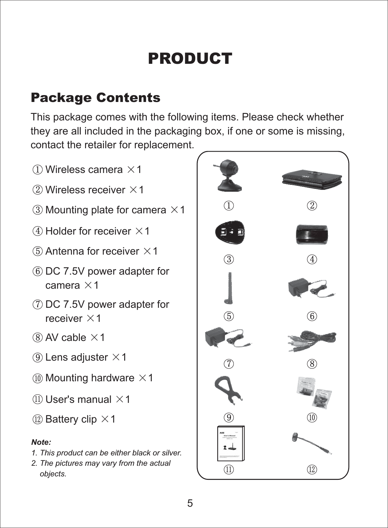 5This package comes with the following items. Please check whetherthey are all included in the packaging box, if one or some is missing,contact the retailer for replacement.Package ContentsPRODUCTNote:1. This product can be either black or silver.2. The pictures may vary from the actualobjects.Wireless camera 11Wireless receiver 12Mounting plate for camera 13Holder for receiver 14Antenna for receiver 15DC 7.5V power adapter forcamera 16DC 7.5V power adapter forreceiver 17AV cable 18Lens adjuster 19Mounting hardware 110User's manual 111Battery clip 112123 4567891011 12
