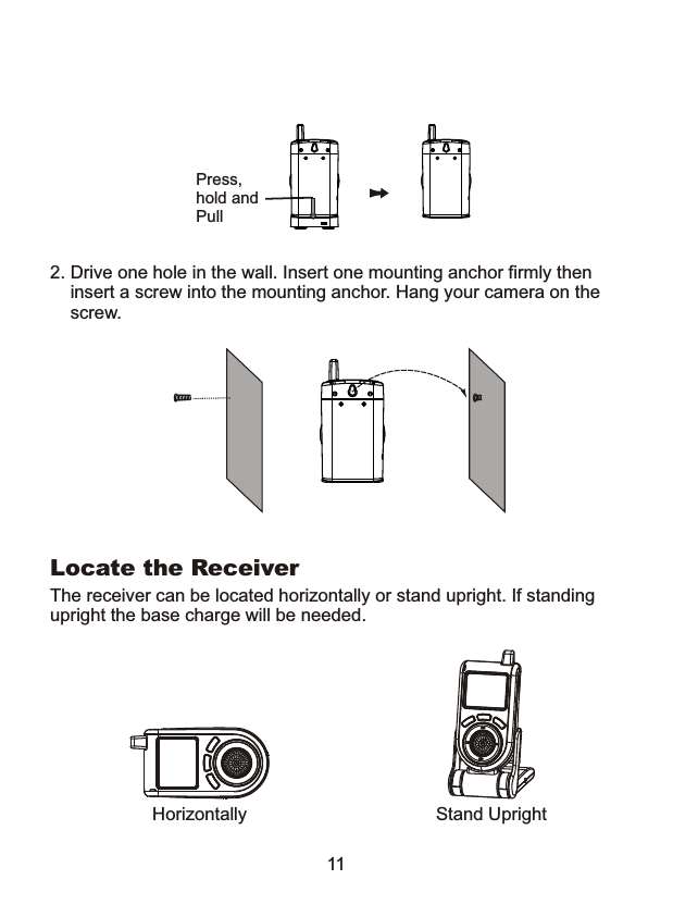 2. Drive one hole in the wall. Insert one mounting anchor firmly then     insert a screw into the mounting anchor. Hang your camera on the    screw. Press,hold andPullLocate the ReceiverThe receiver can be located horizontally or stand upright. If standingupright the base charge will be needed.Horizontally Stand Upright11
