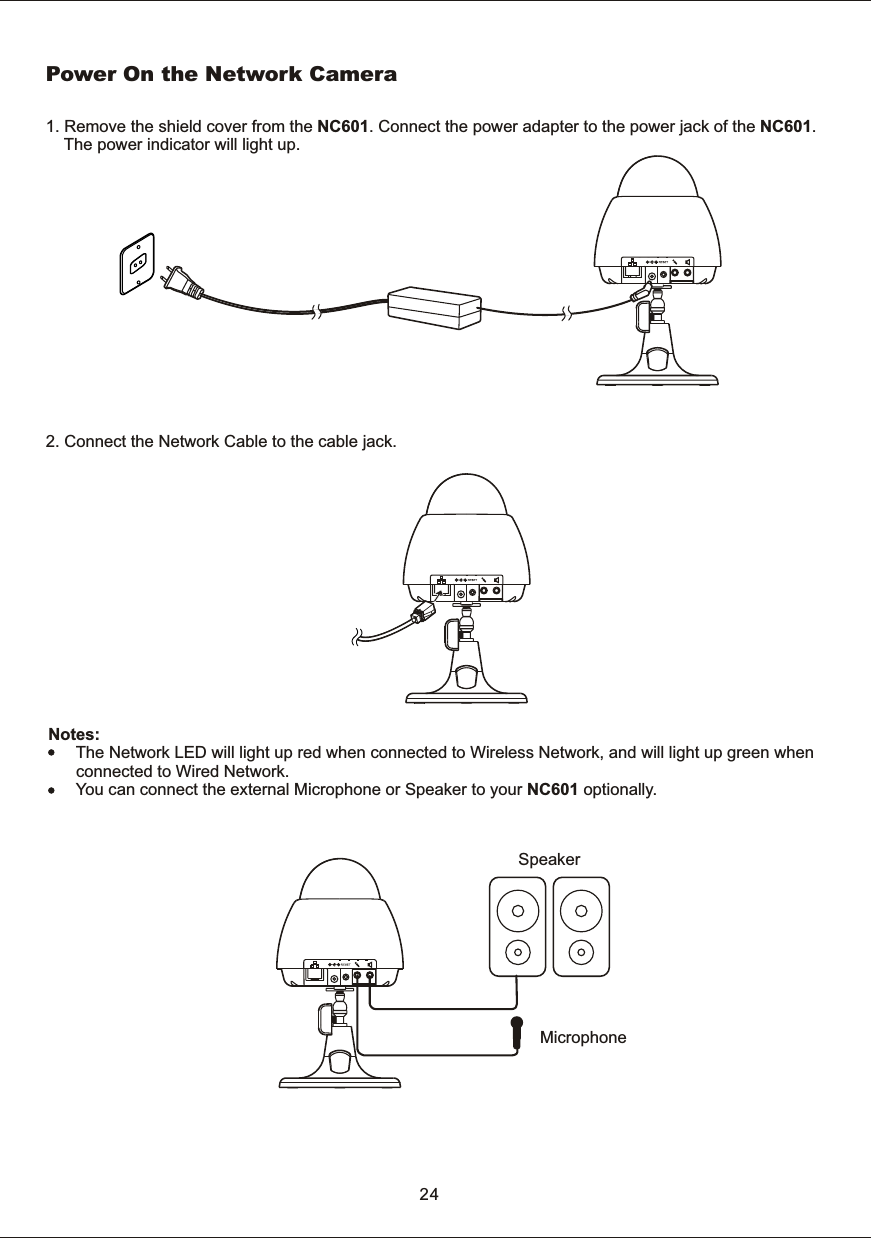 Power  On  the  Network  Camera1.  Remove  the  shield  cover  from  the  NC601.  Connect  the  power  adapter  to  the  power  jack  of  the  NC601.         The  power  indicator  will  light  up.2.  Connect  the  Network  Cable  to  the  cable  jack.Notes:             The  Network  LED  will  light  up  red  when  connected  to  Wireless  Network,  and  will  light  up  green  when             connected  to  Wired  Network.       You  can  connect  the  external  Microphone  or  Speaker  to  your  NC601  optionally. SpeakerMicrophone24