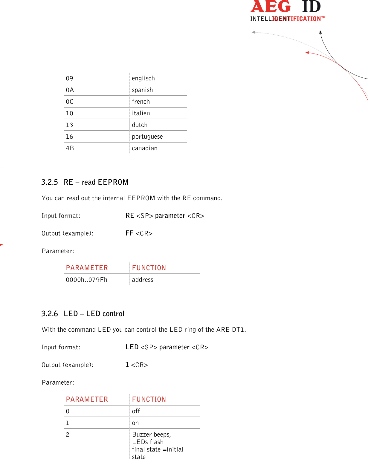                  --------------------------------------------------------------------------------13/45--------------------------------------------------------------------------------  09  englisch 0A  spanish 0C  french 10  italien 13  dutch 16  portuguese 4B  canadian  3.2.5 RE – read EEPROM You can read out the internal EEPROM with the RE command. Input format:  RE &lt;SP&gt; parameter &lt;CR&gt; Output (example):  FF &lt;CR&gt; Parameter: PARAMETER  FUNCTION 0000h..079Fh  address  3.2.6 LED – LED control With the command LED you can control the LED ring of the ARE DT1.  Input format:  LED &lt;SP&gt; parameter &lt;CR&gt; Output (example):  1 &lt;CR&gt; Parameter: PARAMETER  FUNCTION 0  off 1  on 2  Buzzer beeps, LEDs flash final state =initial state 